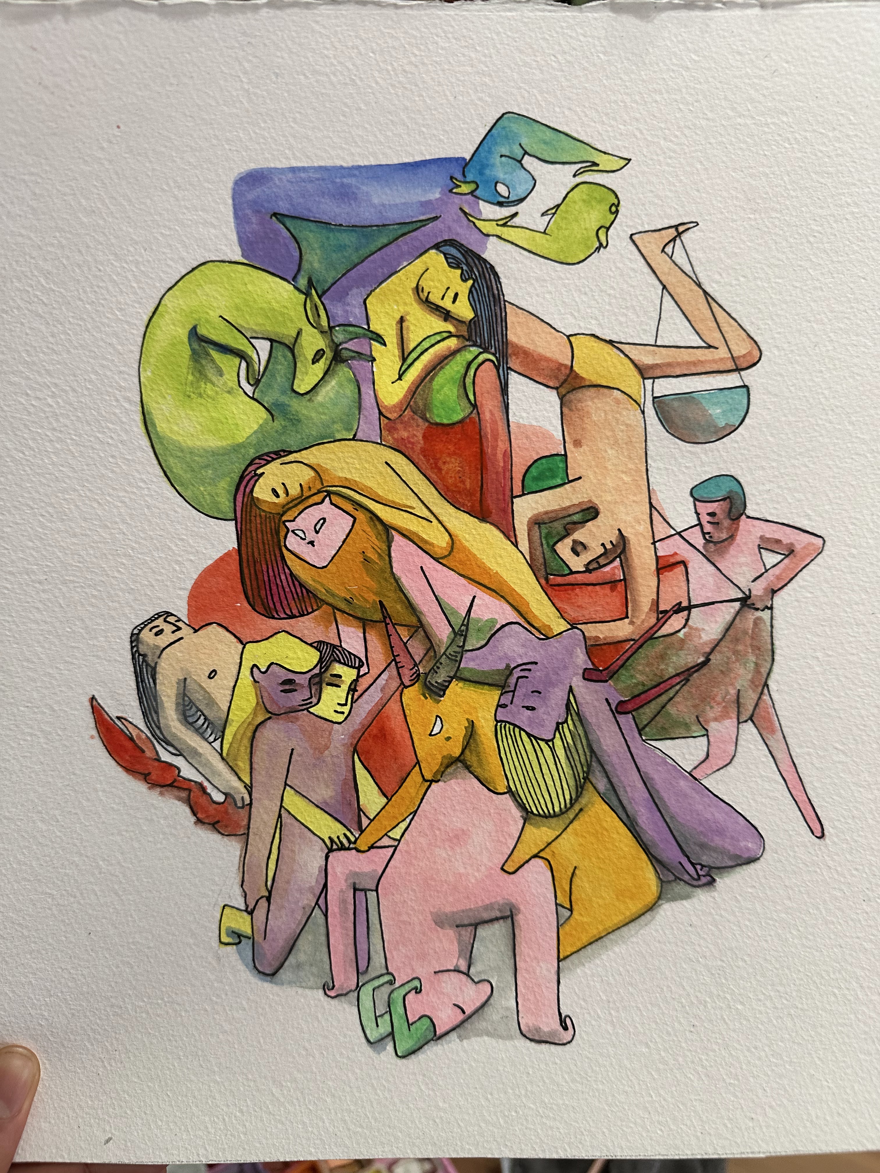 Watercolour on textured paper: a dense interlocking pile of stylized nude and draped figures in rainbow hues entangled with zodiac motifs — a balancing scale, green beasts and reaching limbs — all gazing upward