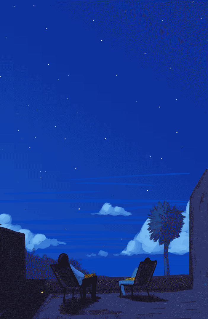 Quiet night illustration of two people sitting apart on metal chairs on a rooftop terrace under a vast deep-blue starry sky, a lone palm tree and low clouds on the horizon