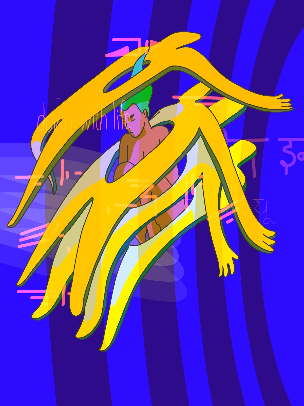 Surreal illustration titled 'down with life': a small green-haired figure curled at the centre of a burst of elongated golden arms and hands radiating outward, over a rippling blue striped background with faint Devanagari text