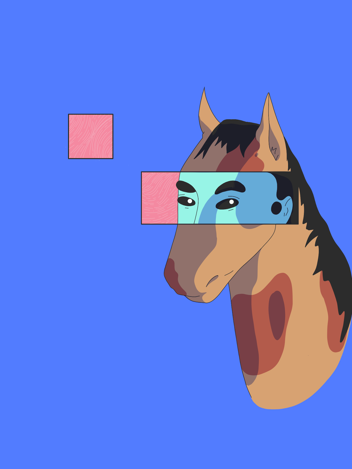 Conceptual portrait of a horse's head on blue, a rectangular cut-out band revealing a human face with thick brows and dark eyes spliced across the muzzle, beside floating pink textured squares
