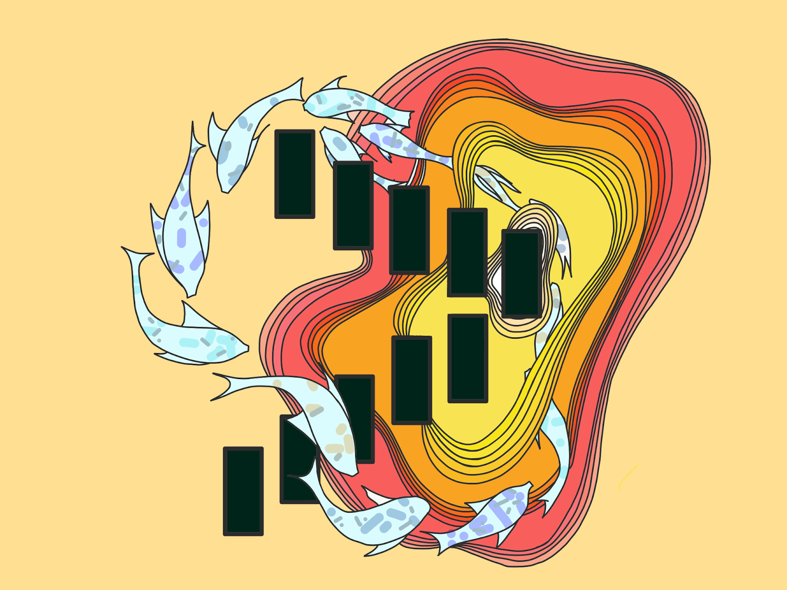 Abstract paper-cut illustration: black domino-like blocks scattered over concentric red-orange-yellow contour rings, ringed by a circling school of pale spotted fish on a sand-yellow background