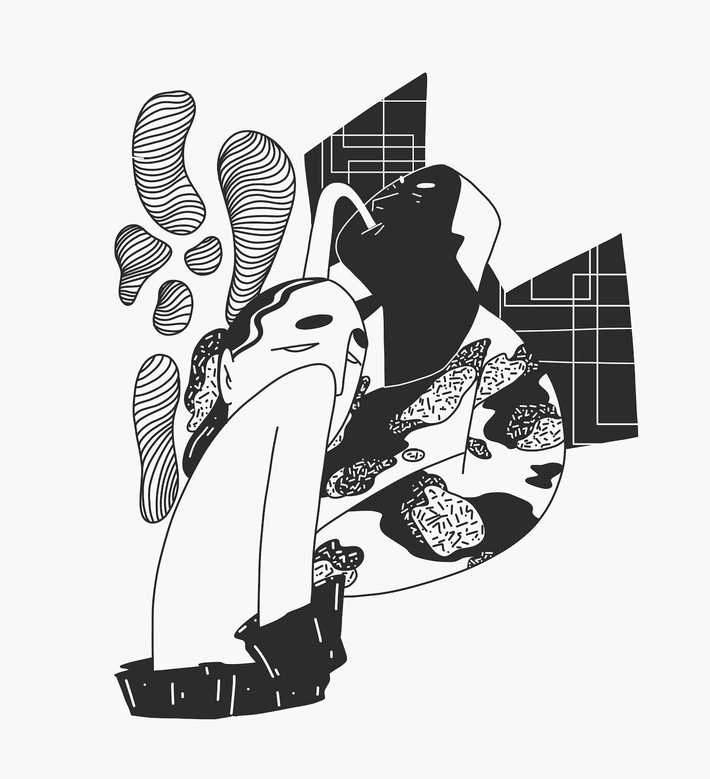 Black-and-white line illustration of a melting, drooping figure with a serene blank face, surrounded by patterned blobs, grids and speckled organic shapes
