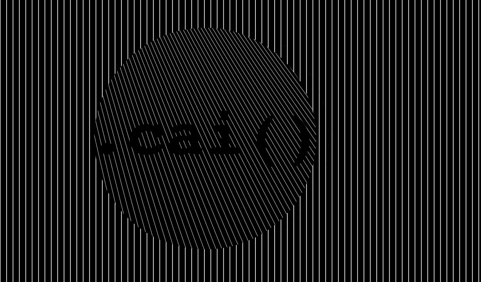 Op-art rendering of the artist's '.cai()' logo: the wordmark embedded in a circle of fine vertical black-and-white lines that warp around it