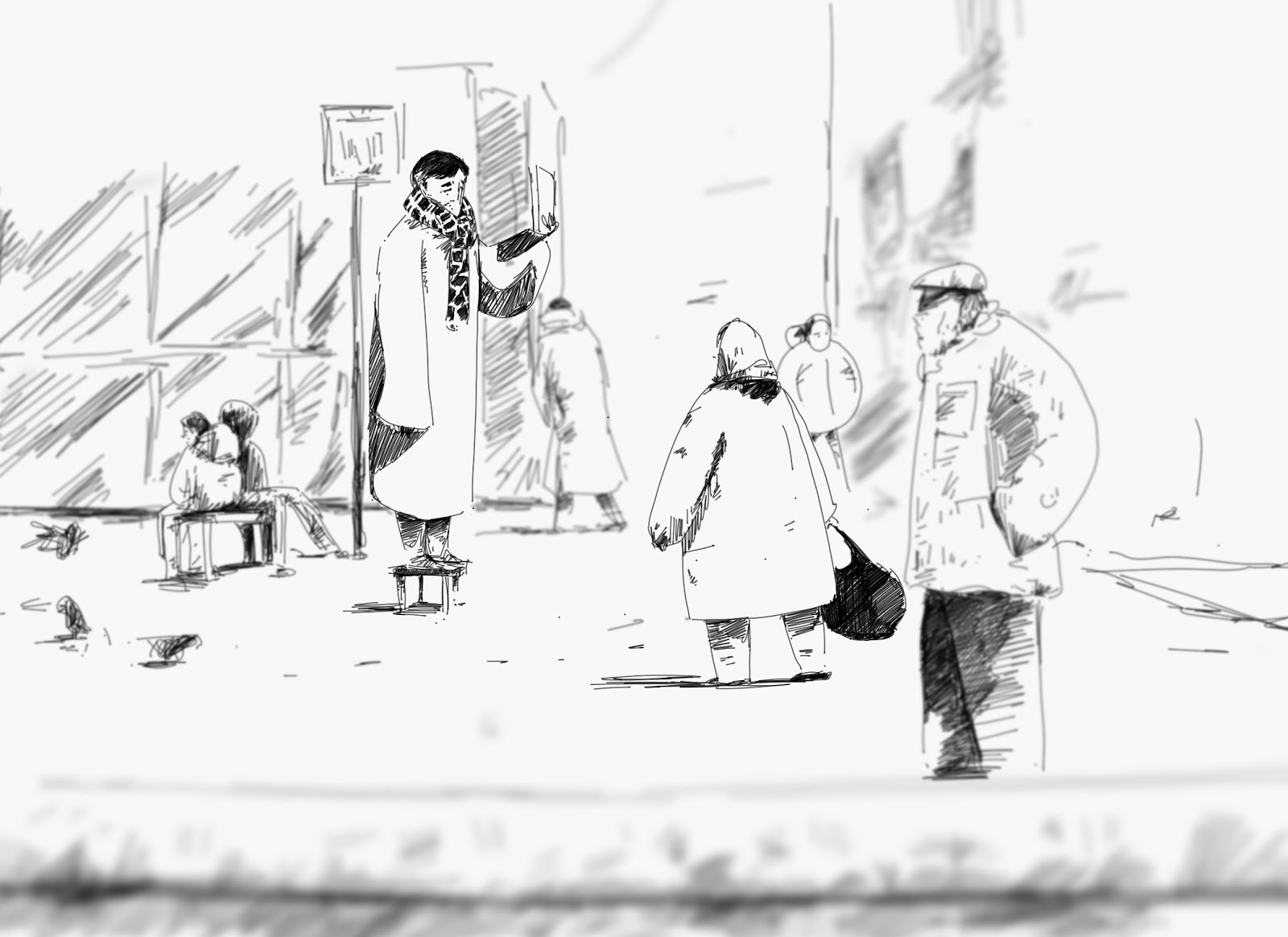 Loose grayscale ink sketch of a street preacher standing on a small stool gesturing with a book to indifferent passersby outside a station, a hunched old woman facing him, the scene fading at the edges