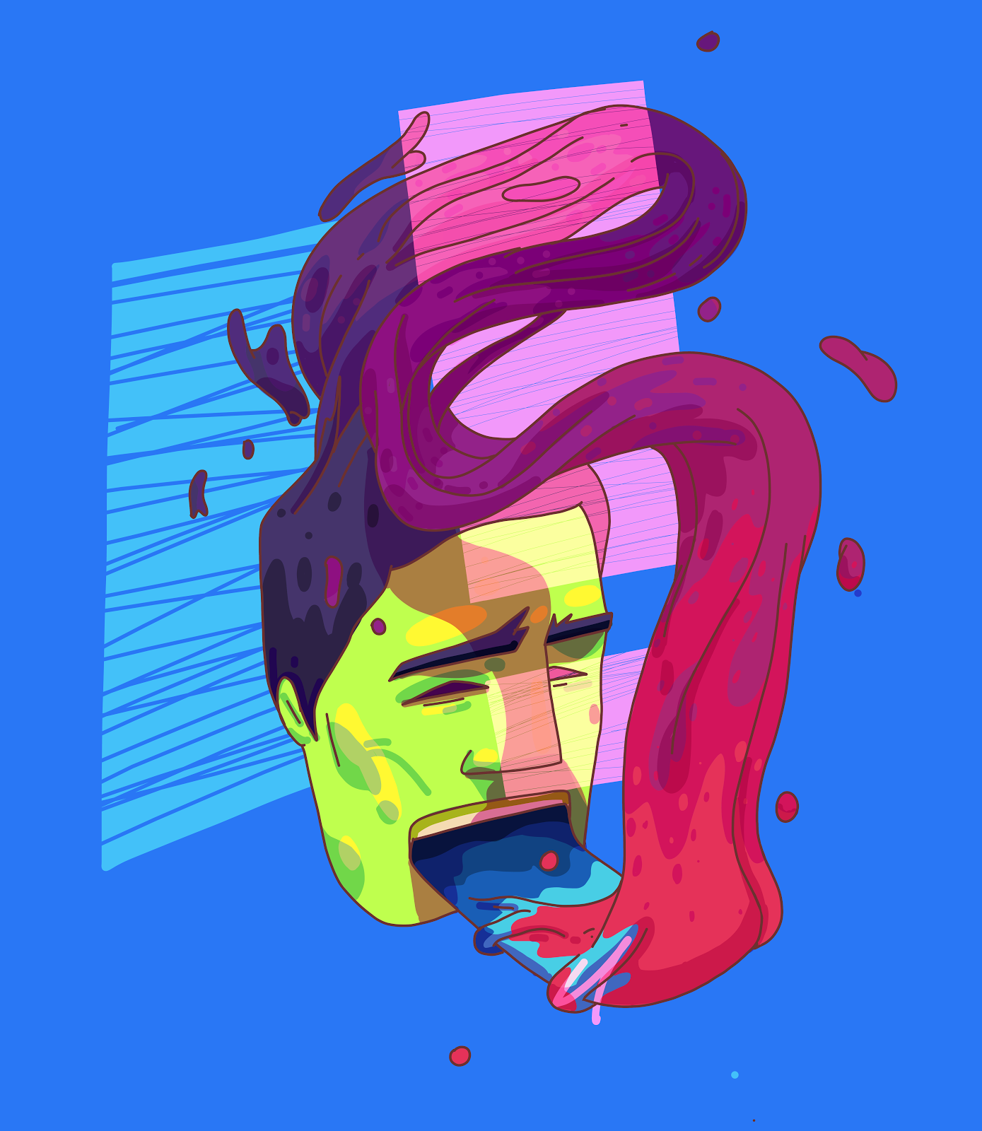 Vivid illustration of a man's face on blue, his hair and beard dissolving upward into ribbons of magenta and purple paint that pour back into his open mouth — a self-consuming creation