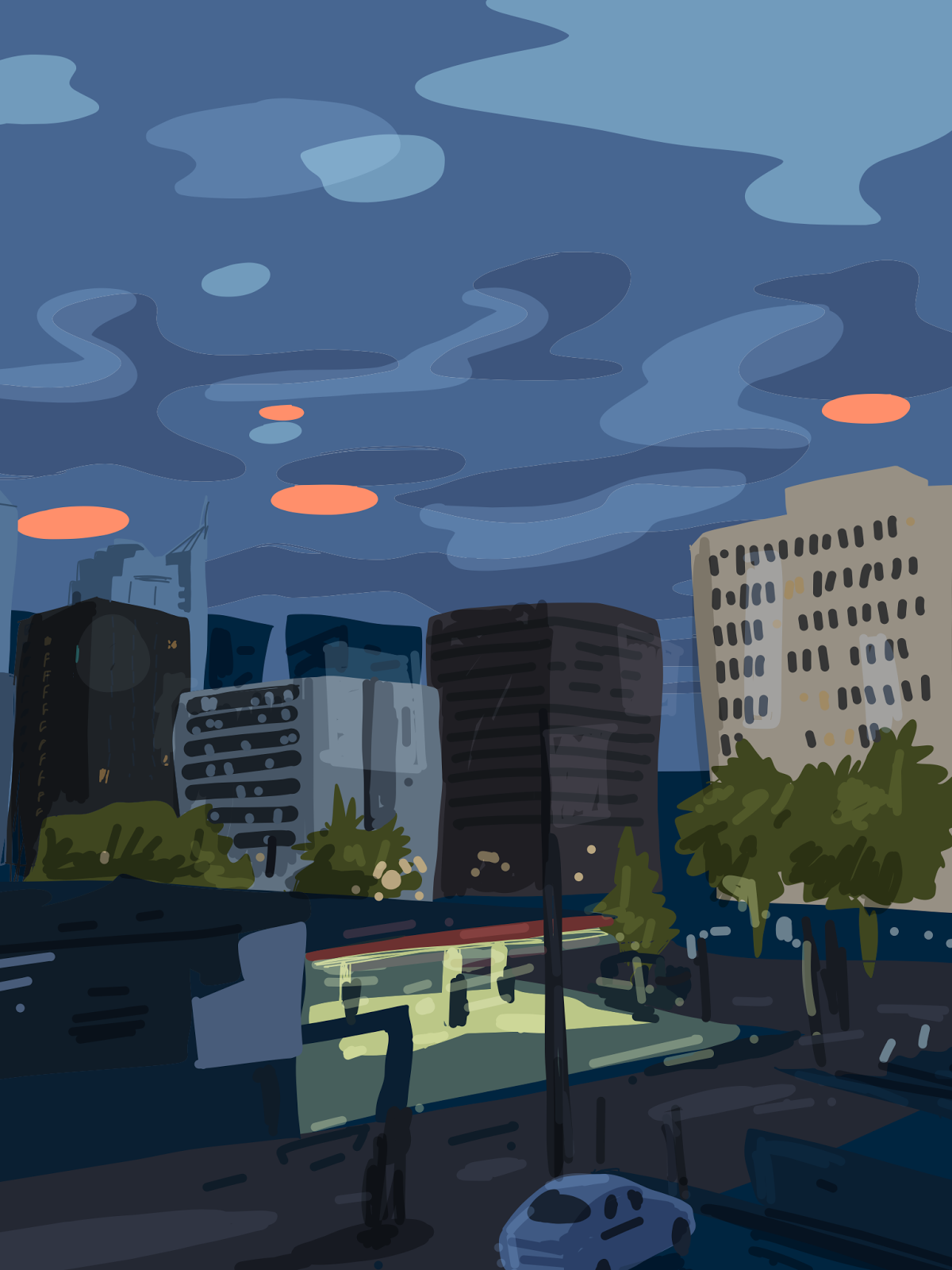 Painterly dusk cityscape of a hazy blue skyline, dark office towers and trees silhouetted against streaky clouds with glowing orange sun-spots, a car on the road below
