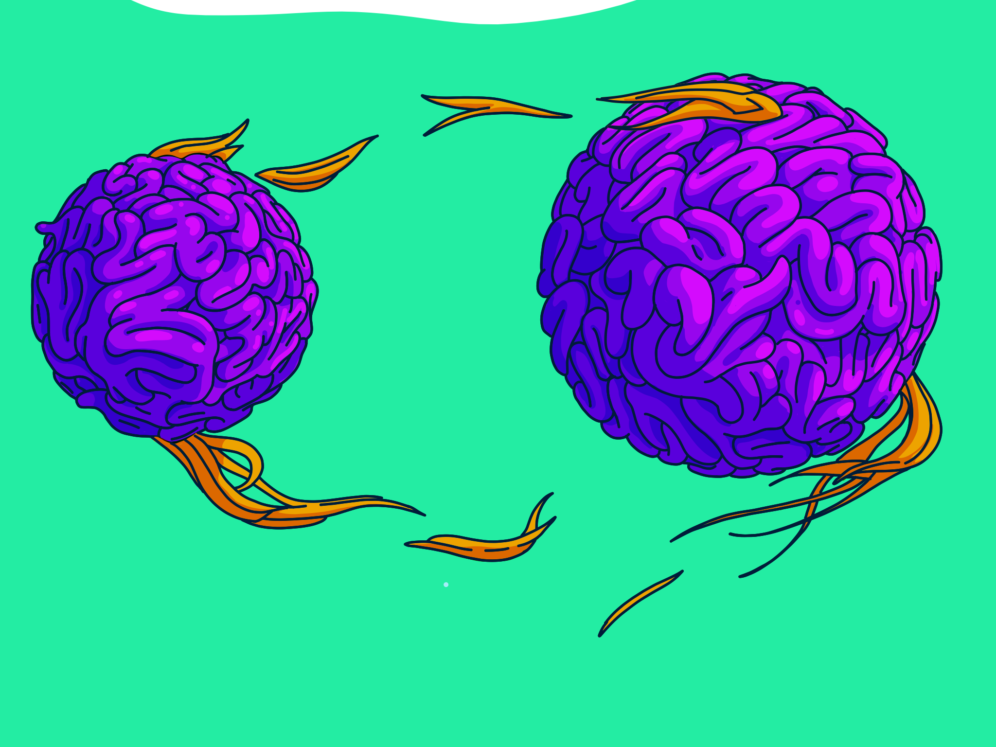Cartoon illustration of two glossy purple brains trailing orange flame-like tendrils, drifting apart against a flat green background