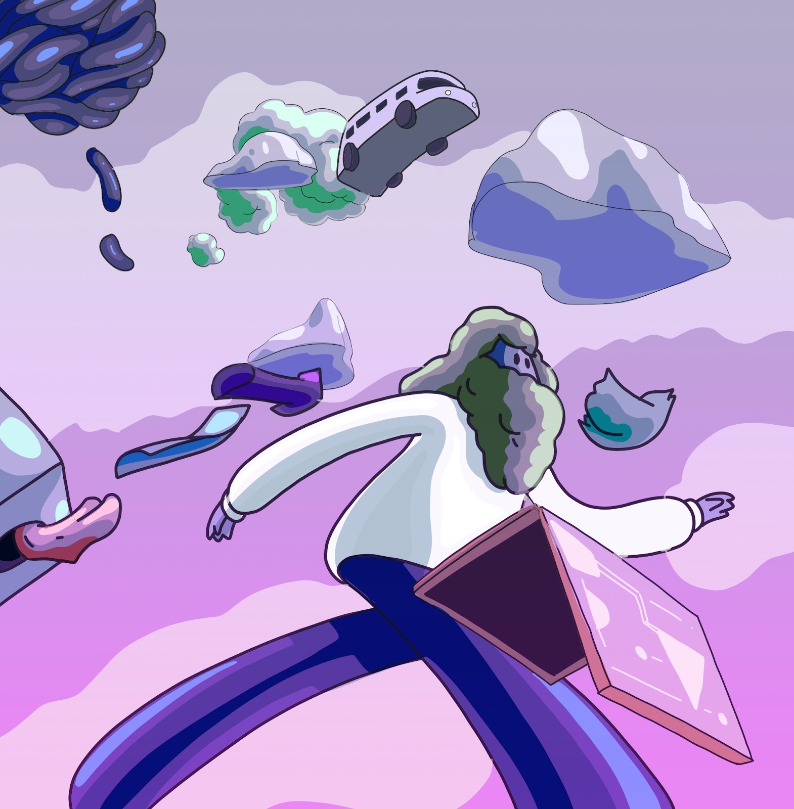 Surreal illustration of a long-haired figure in white falling backward through a lilac dreamscape strewn with floating rocks, a bus, a shoe and a blue bird