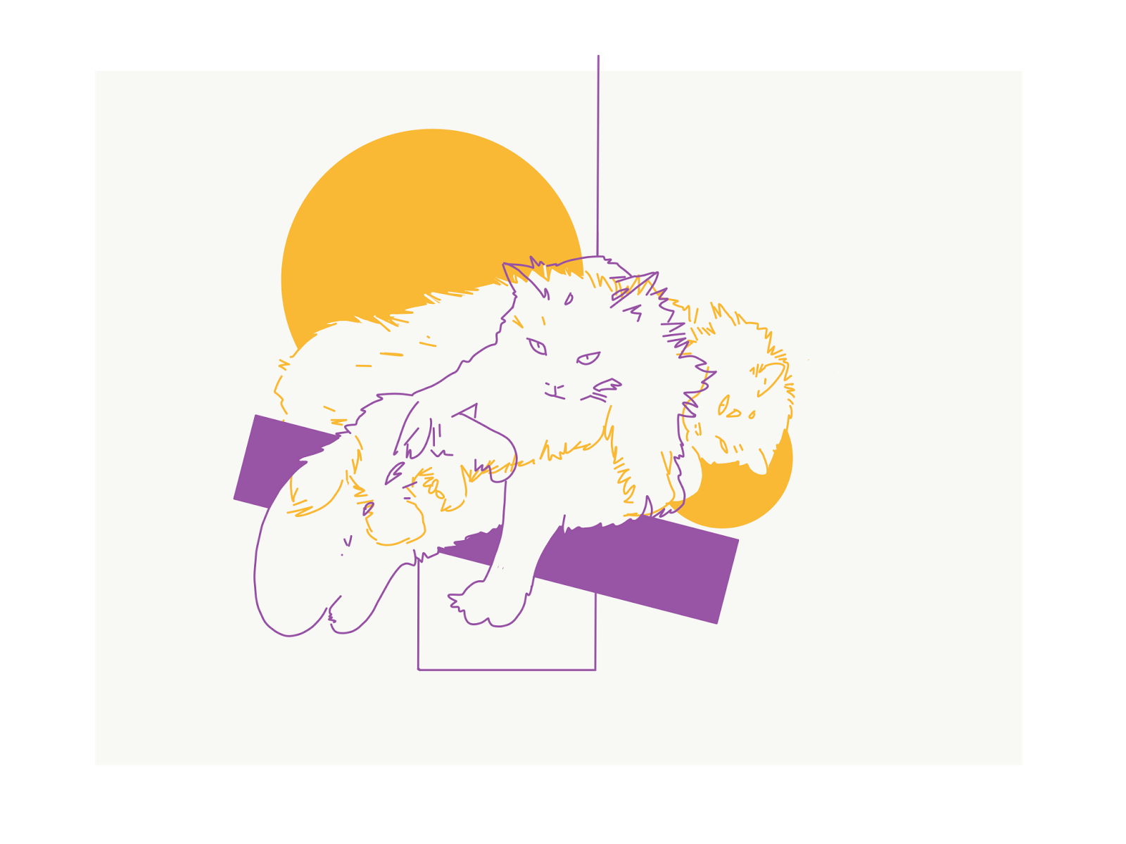 Minimal yellow-and-purple line drawing of a fluffy long-haired cat sprawled languidly over geometric purple bars and an orange sun shape on off-white