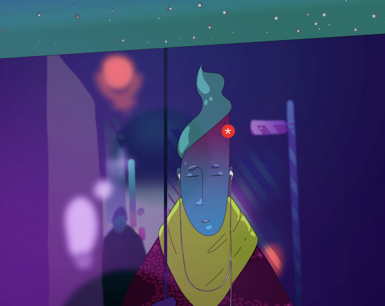 Moody illustration of a blue-skinned figure with a teal flame-like quiff and earphones sitting in a train at night, a red notification dot beside their head, blurred passengers and city lights through the window