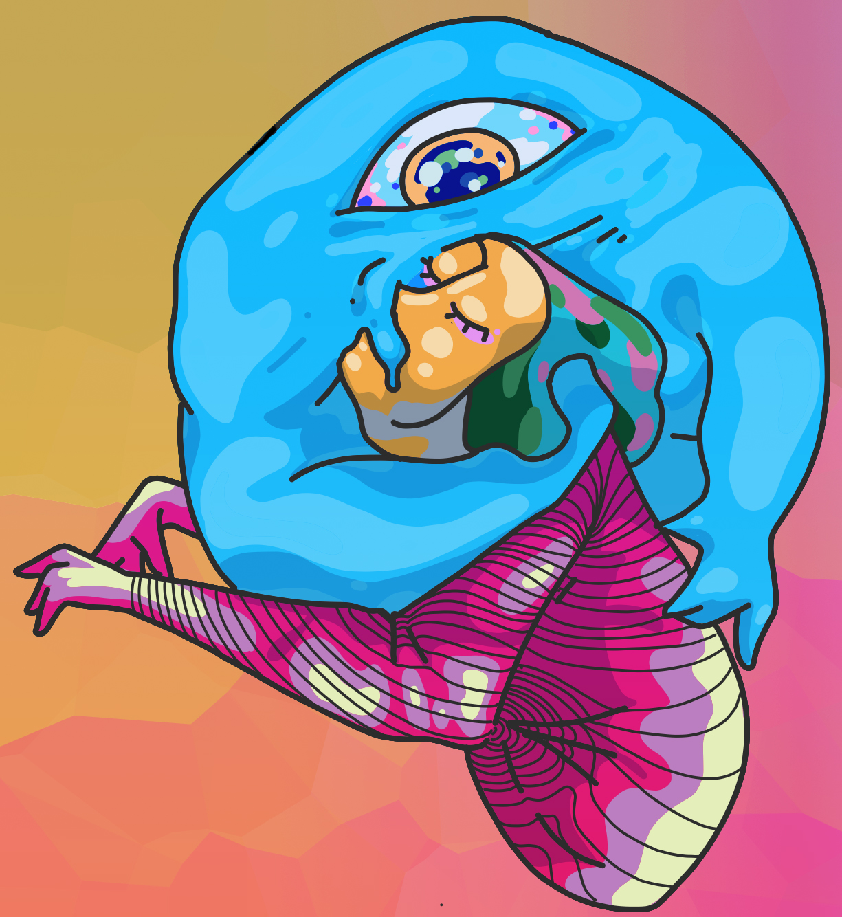 Illustration titled Gluttony: a large blue monster with a single trippy multicolored eye curled around and consuming a small human figure, set against a pink-to-orange gradient