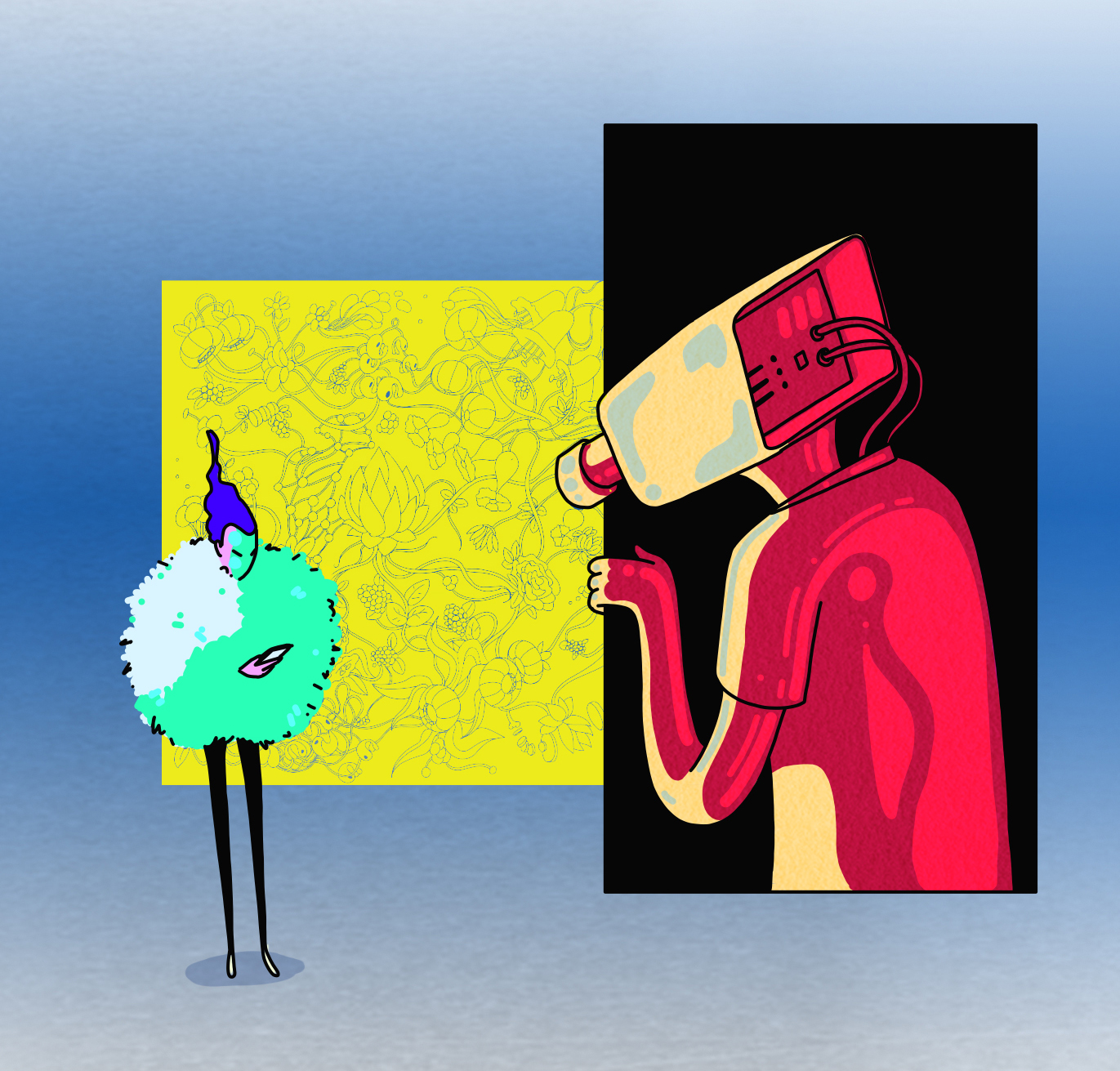 Two figures facing a glowing screen: a fluffy green creature on thin legs beside a yellow floral panel, opposite a red robot-headed figure pouring from a cup, on a blue gradient