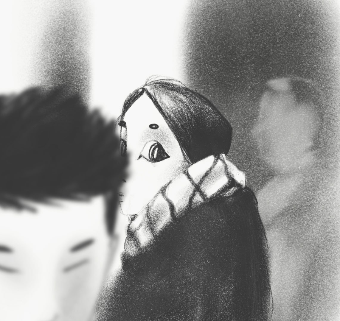 Soft pencil drawing of a pale-faced figure in a turtleneck and dark coat seen over the shoulder of a blurred man, grainy black-and-white