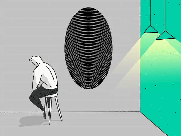 Minimalist animation still: a hunched figure sits on a stool before a black oval of fine horizontal lines on a grey wall, two lamps casting light from a green panel at right
