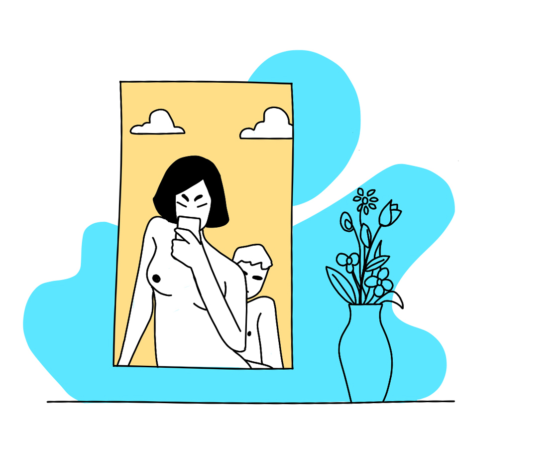 Minimal black-line illustration titled 'That's What She Said': a nude bob-haired woman taking a phone selfie while a nude man sits behind her, framed in a yellow window with clouds, beside a blue vase of flowers on a blue background