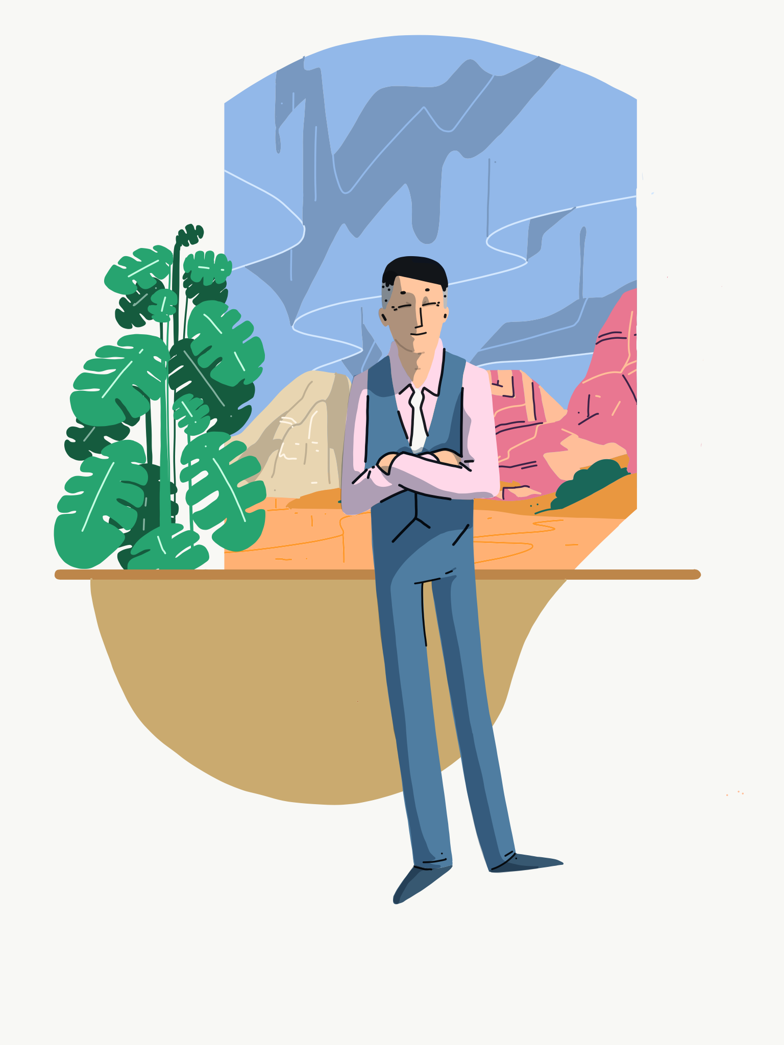 Editorial-style illustration of a tall man with arms crossed in a blue waistcoat and trousers, standing before a desert canyon of pink and tan mesas, a large monstera plant to one side — a rejected corporate branding character