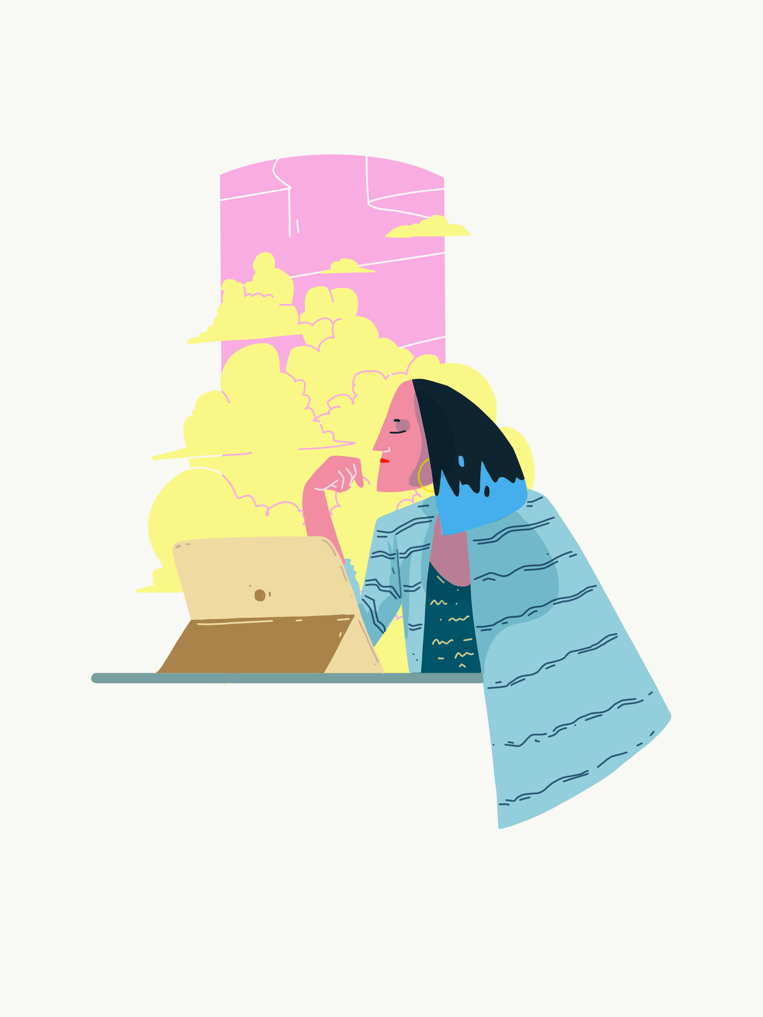 Illustration of a woman with a black-and-blue bob resting her chin on her hand at a tablet, lost in thought, billowing yellow clouds rising behind her against a pink sky