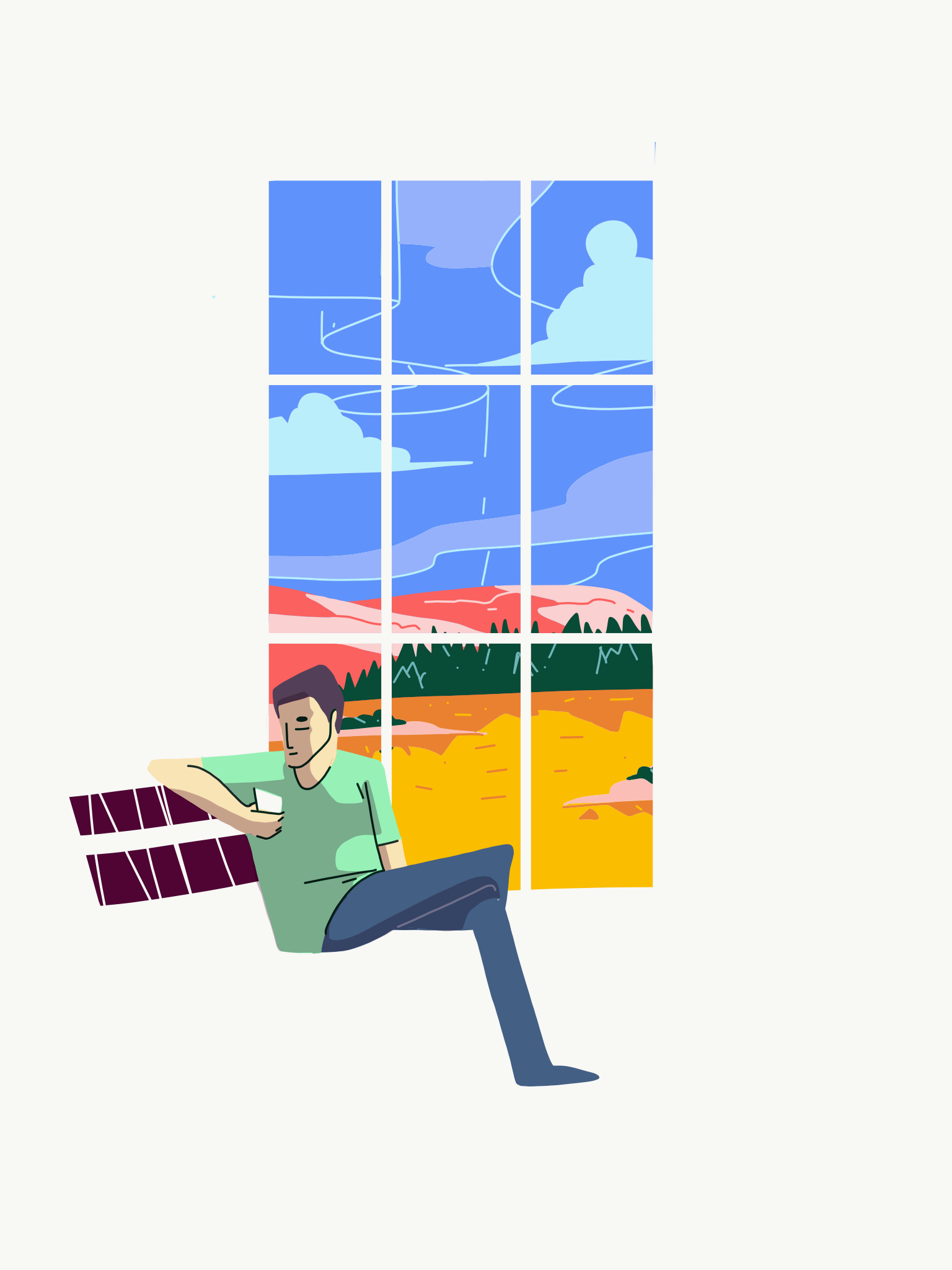 Calm illustration of a man in a green tee lounging and looking at his phone in front of a tall gridded window framing a blue sky and golden-forest landscape