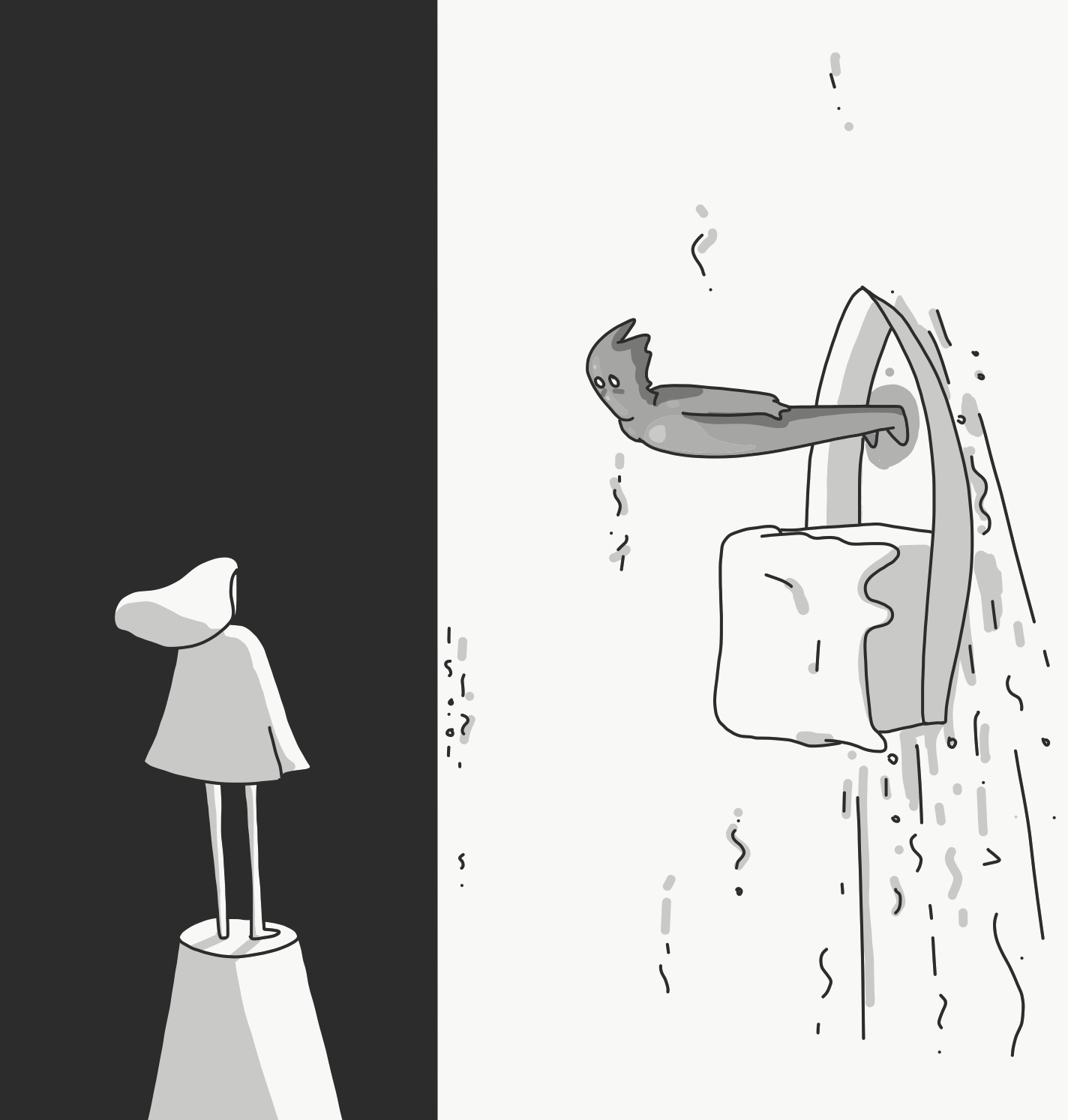 Black-and-white conceptual diptych: on the dark left half a small cloaked figure stands on a pedestal; on the bright right half a figure dives off a melting plinth into scattered ink marks