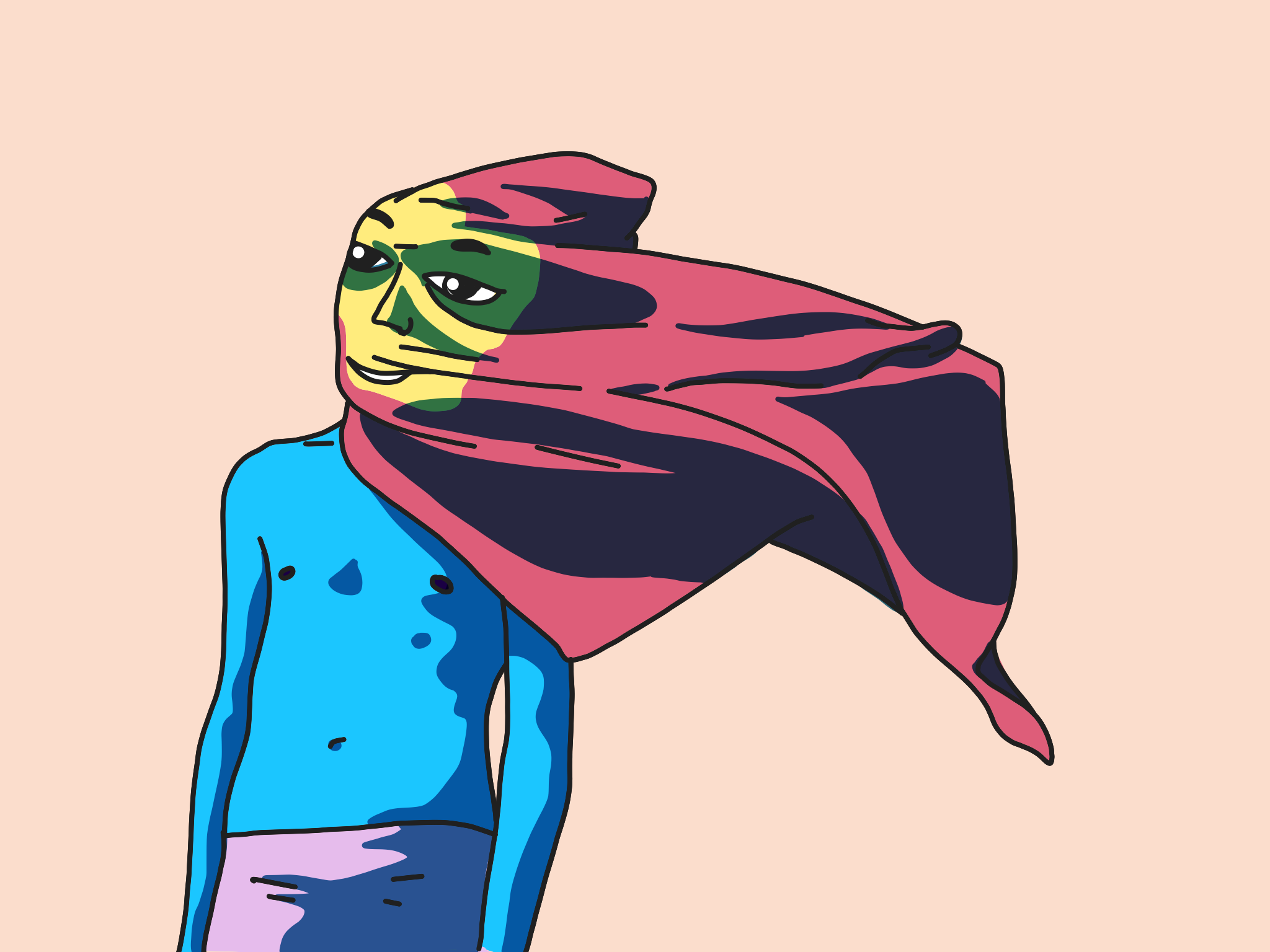 Bold pop illustration of a blue-skinned shirtless figure whose head is wrapped and streaming back into a long pink-and-navy windblown scarf, on a peach background