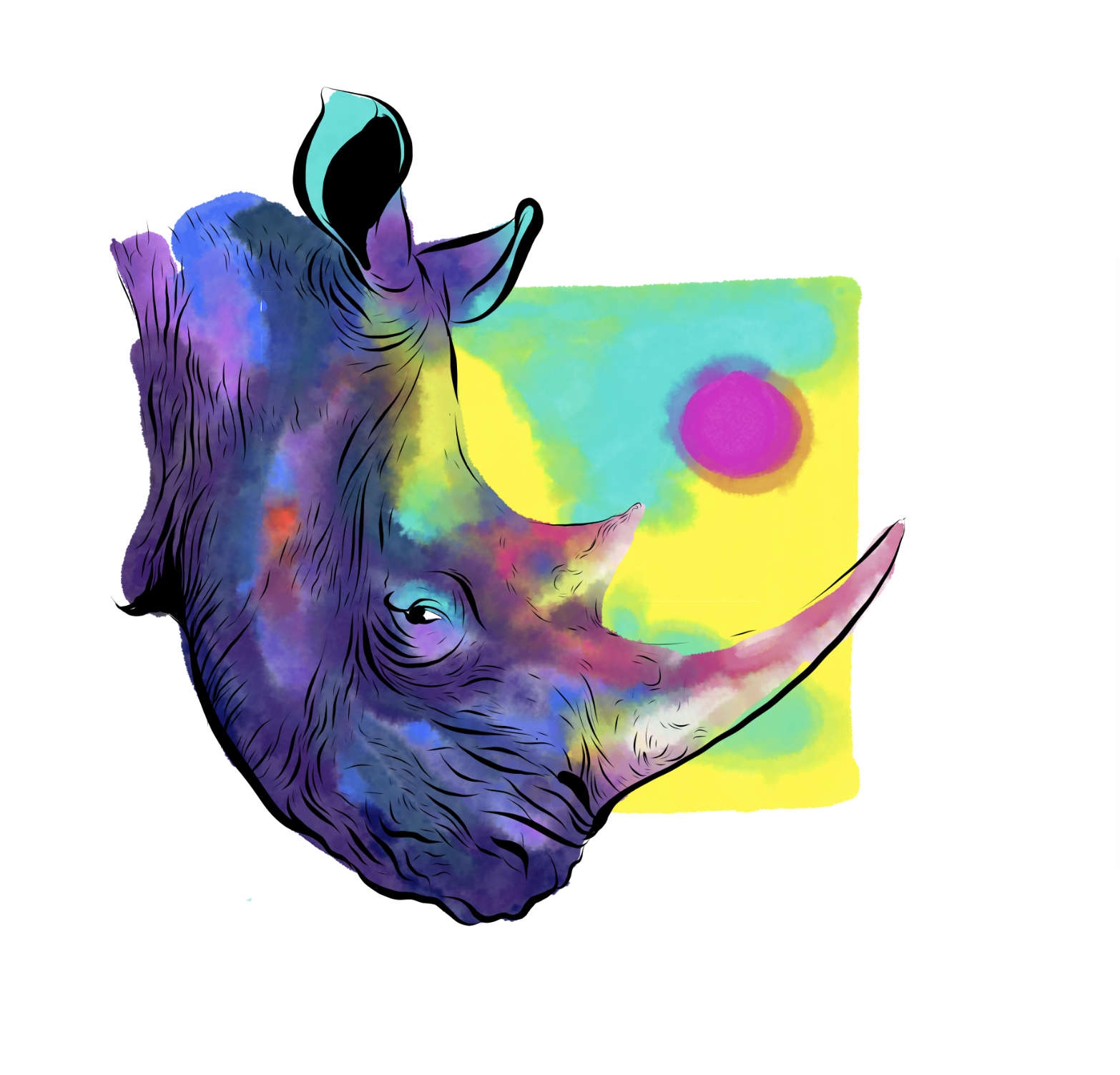 Vivid watercolour portrait of a rhinoceros head in profile, its hide washed in purple, blue and rainbow pigment, set against a yellow square with a magenta sun
