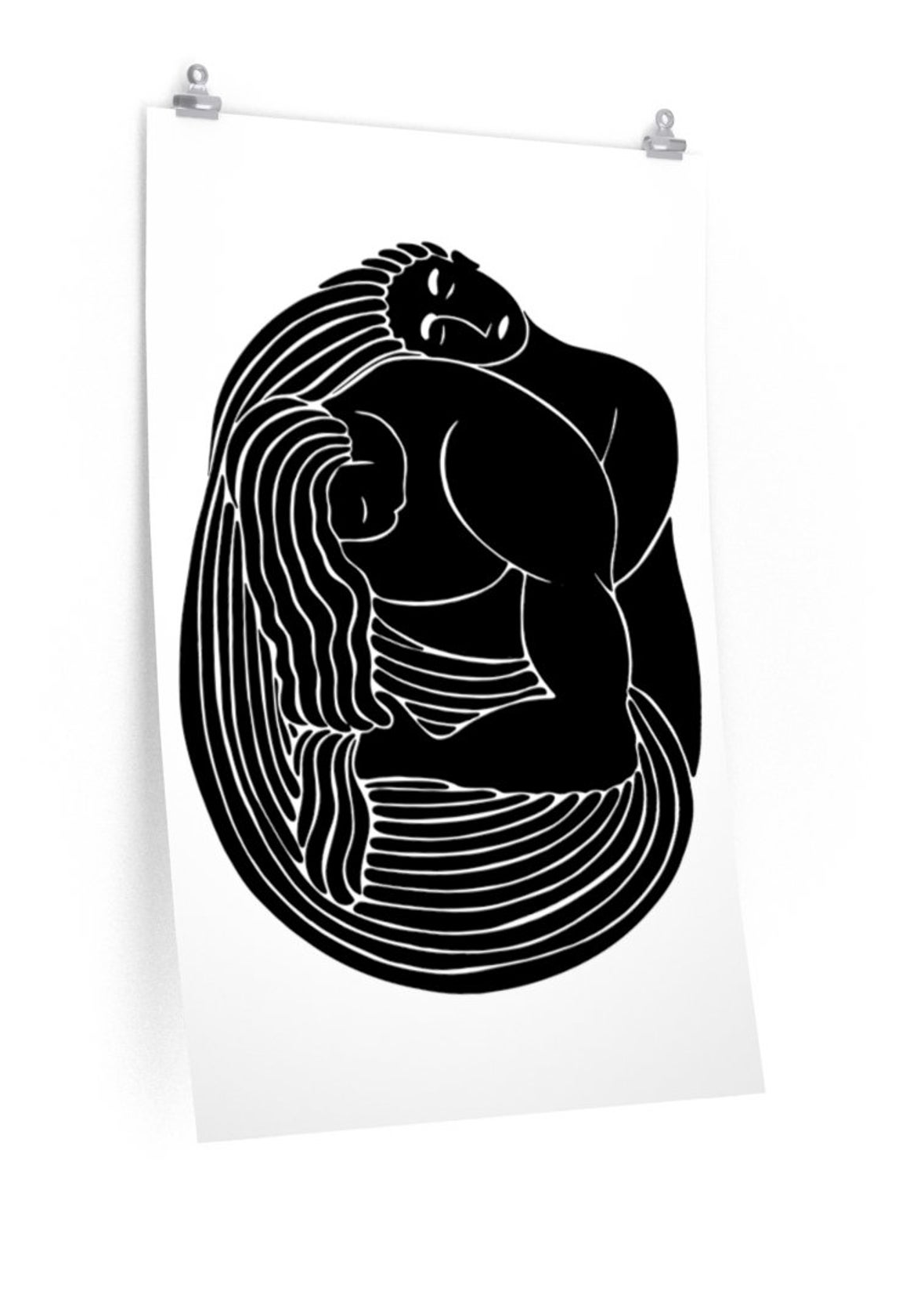 Print mockup of a black-and-white artwork: a curled nude figure rendered in solid black with concentric white contour lines flowing off the body, clipped to a wall