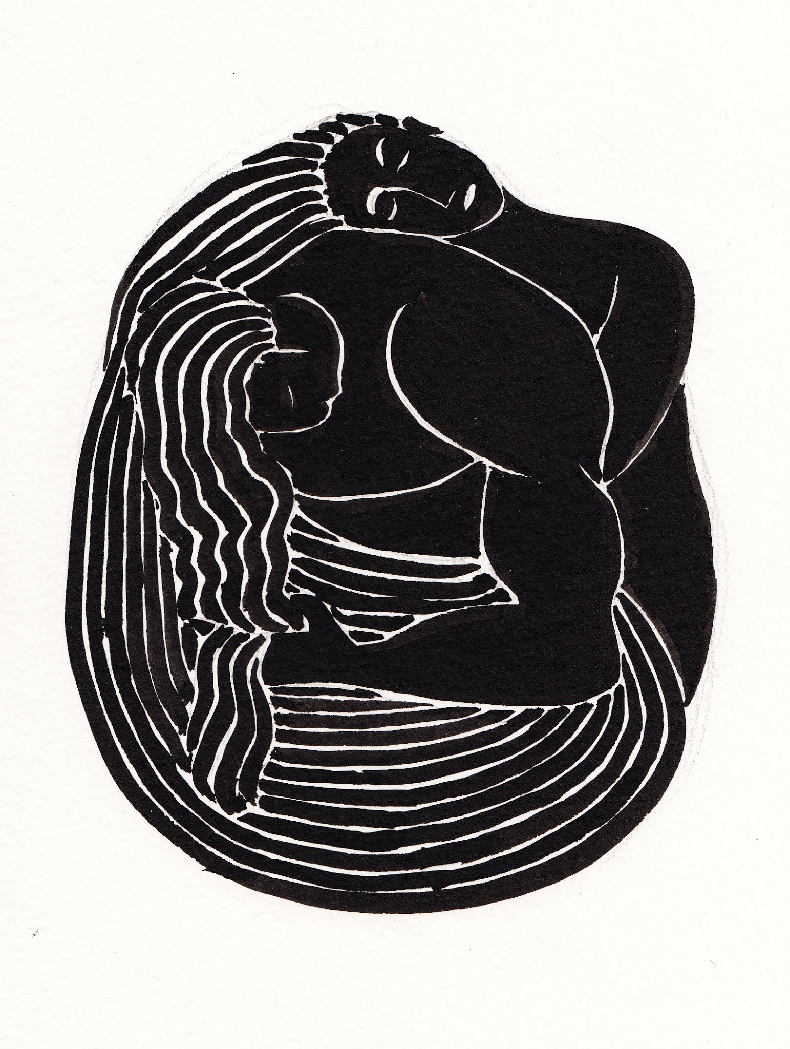 Ink drawing of a reclining nude figure in solid black, the surrounding space carved into rings of black-and-white parallel lines like a force field