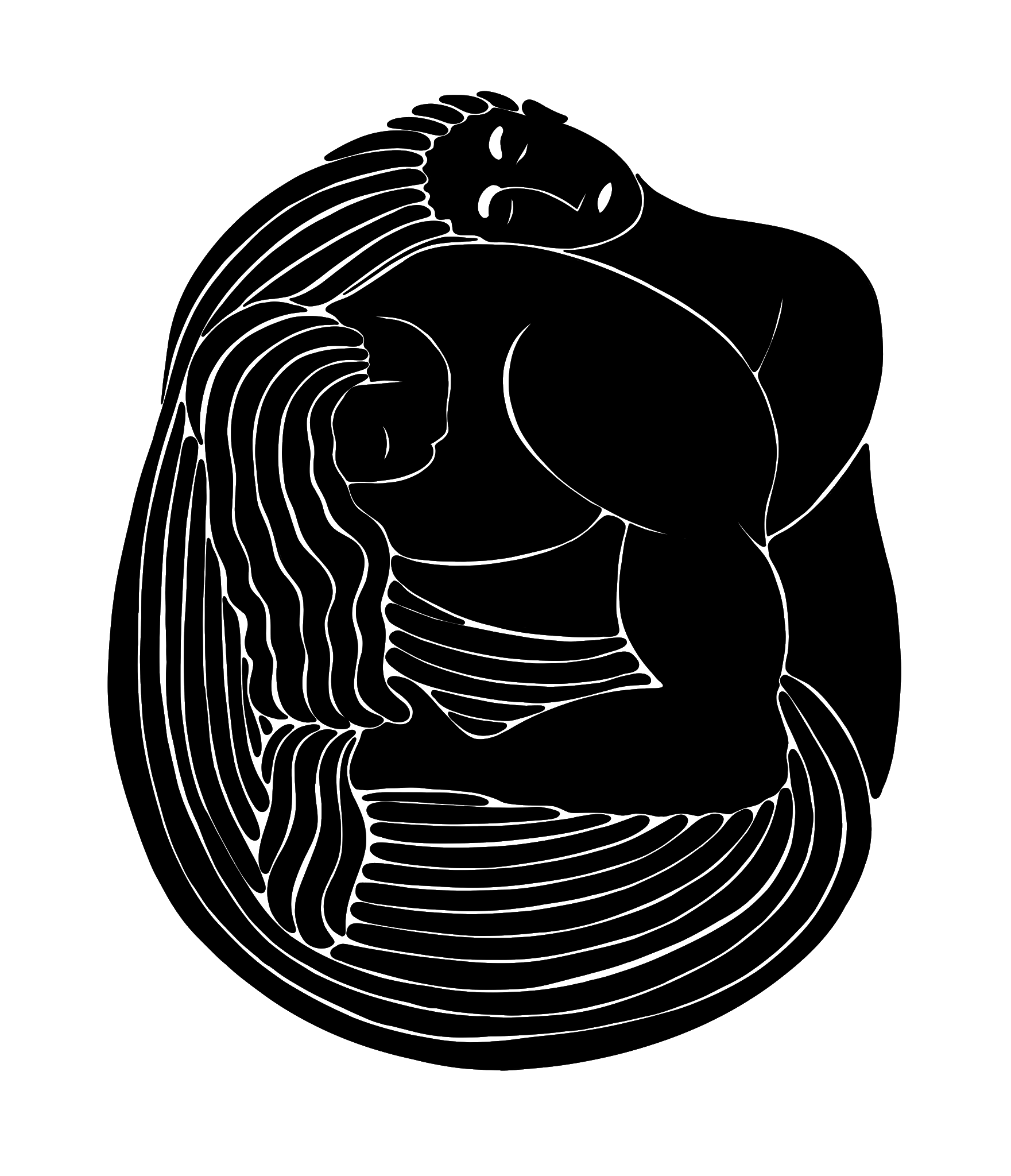 Black silhouette of a seated figure hugging its knees, concentric white lines radiating outward from the body on white