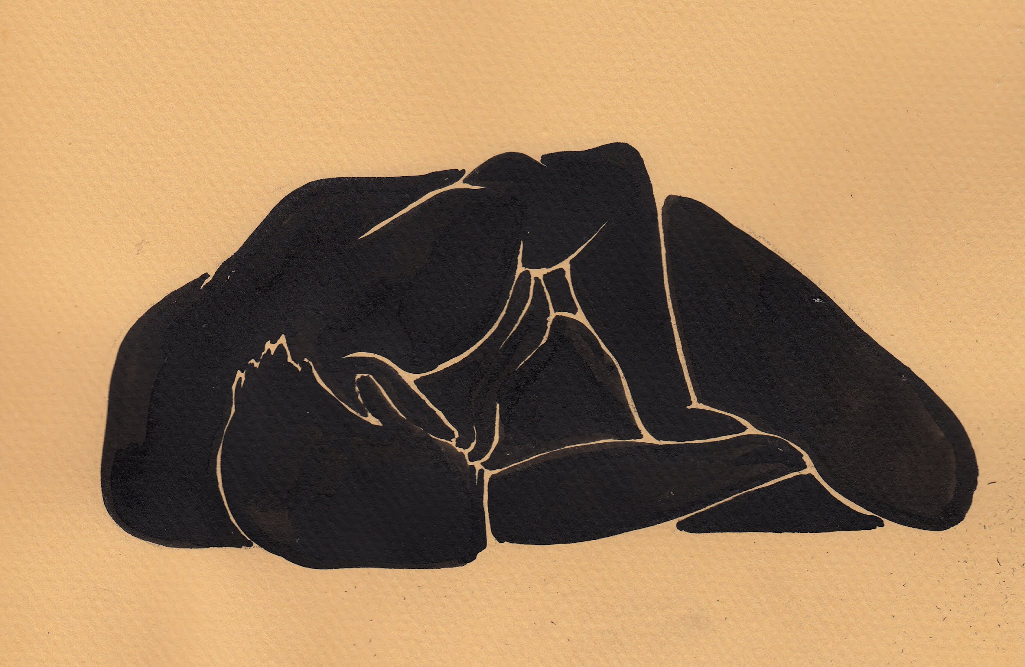 Bold ink silhouette of two entangled nude figures lying together, rendered as flat black shapes with thin negative-space gaps, on warm tan paper