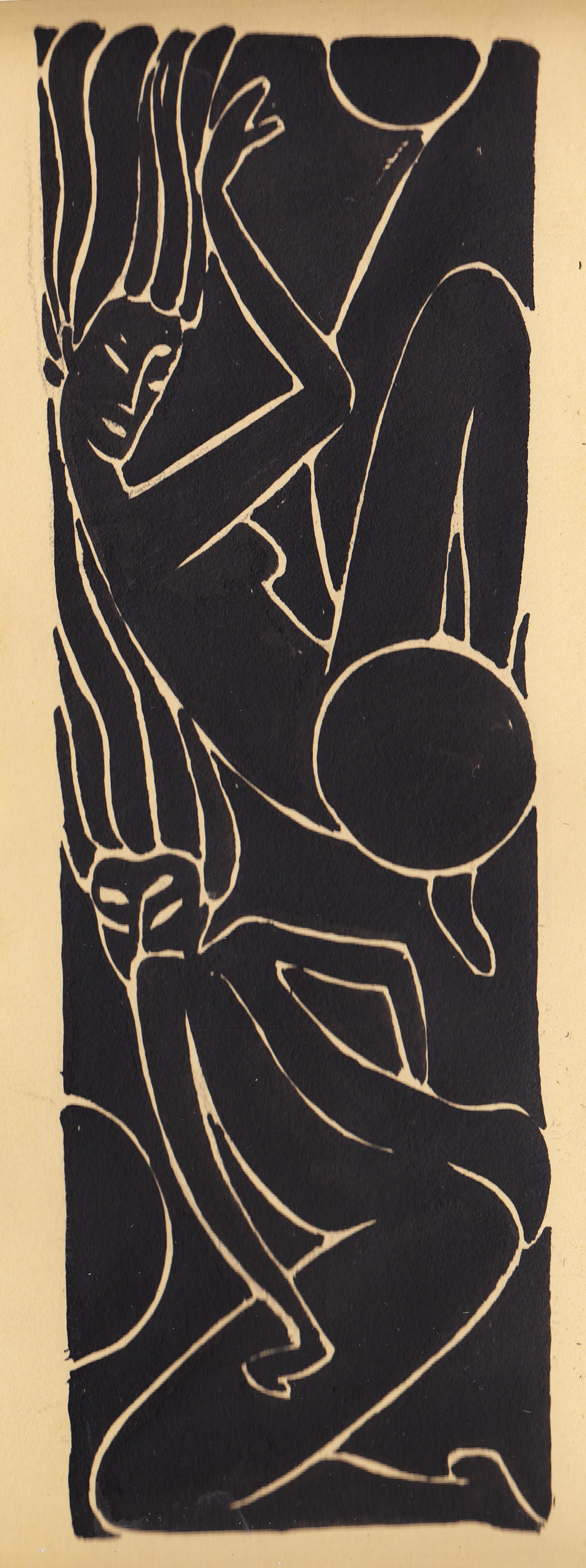 Tall linocut-style panel of two elongated nude figures intertwined in black, their forms separated only by thin white outlines, on tan paper