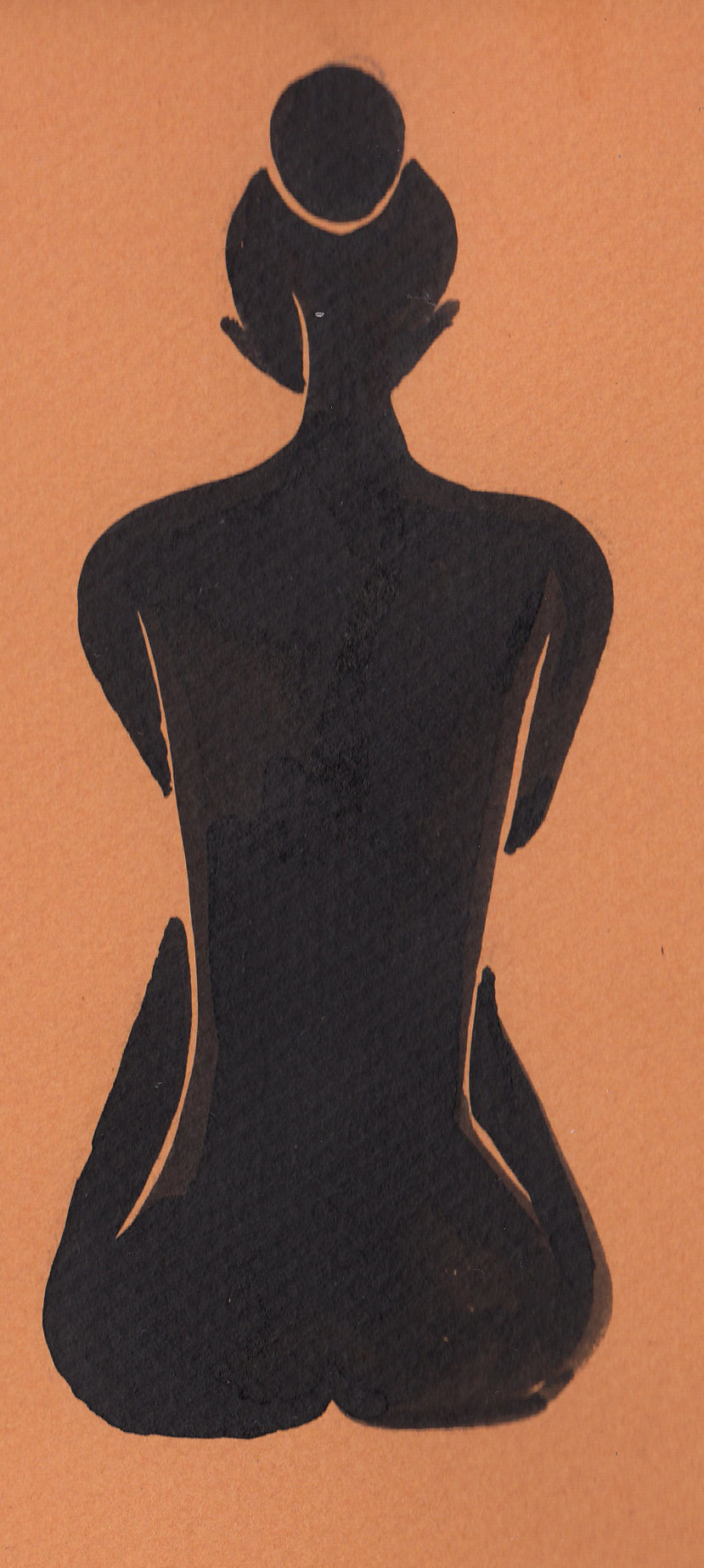 Simple ink silhouette of a nude figure seen from behind with hair in a bun, rendered as a solid black shape on orange paper