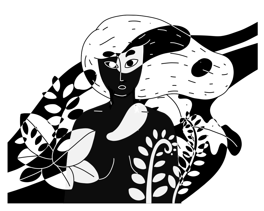 High-contrast black-and-white illustration of a figure with flowing hair, face split between dark and light, surrounded by leaves and foliage in inverted tones