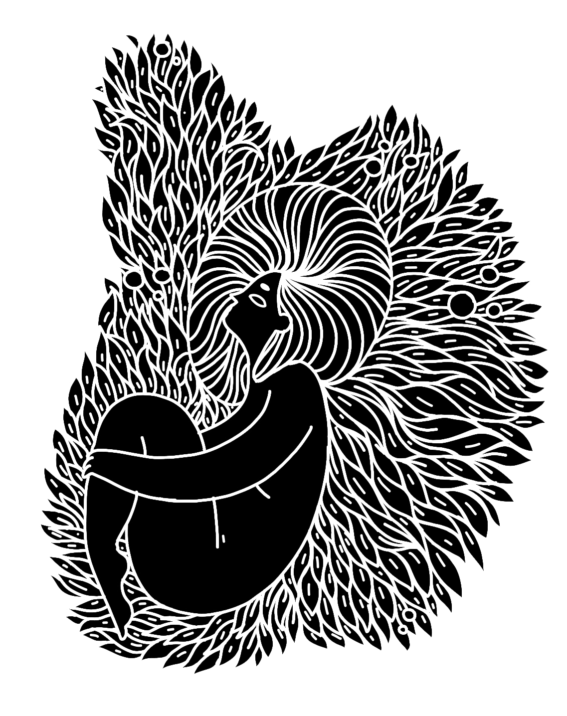 Intricate black-and-white drawing of a curled figure with long hair fanning out into hundreds of leaf-and-feather shapes filling the frame
