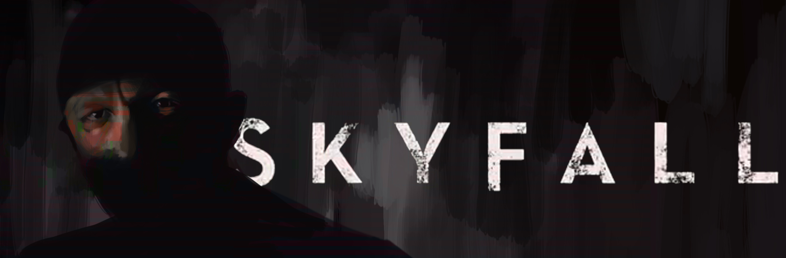 Dark, painterly Skyfall poster: a shadowed bearded man's face emerges at left beside the distressed white title SKYFALL on a near-black smeared background