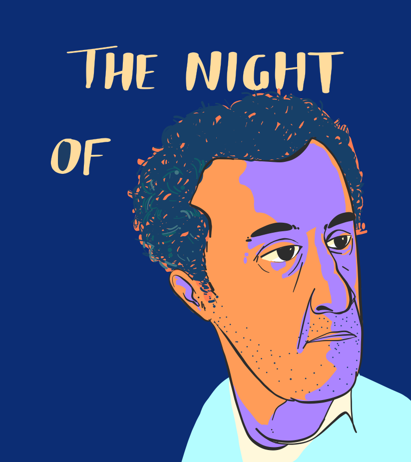 Stylized portrait poster for The Night Of: a curly-haired man's face rendered in orange and purple color blocks against deep blue, hand-lettered title at upper left