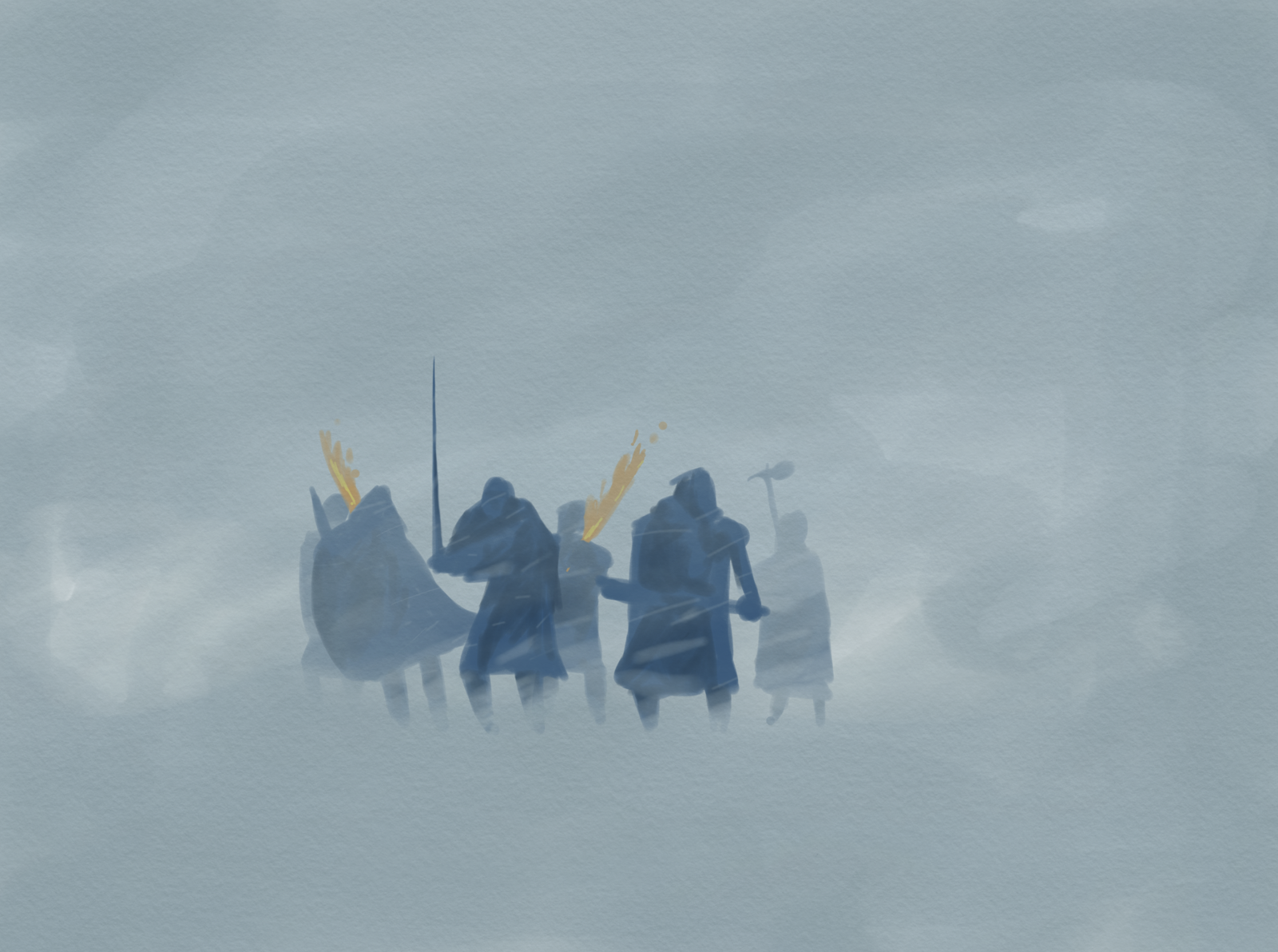 Muted grey-blue painting of a small group of cloaked figures with banners trudging through heavy snow and fog