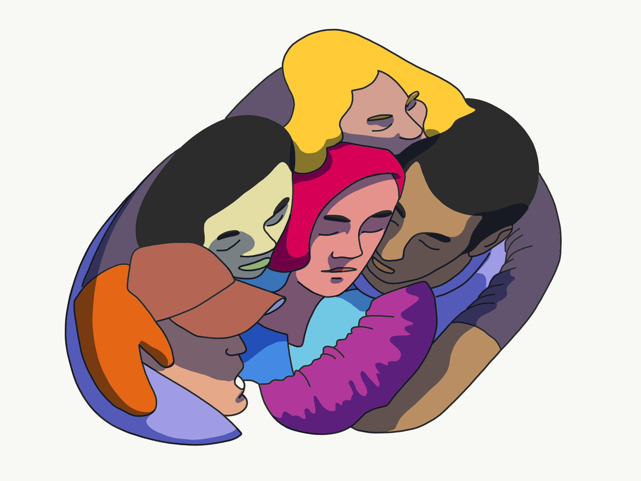 Illustration of several people of different skin tones pressed together in a tight collective embrace, eyes closed, on a cream background
