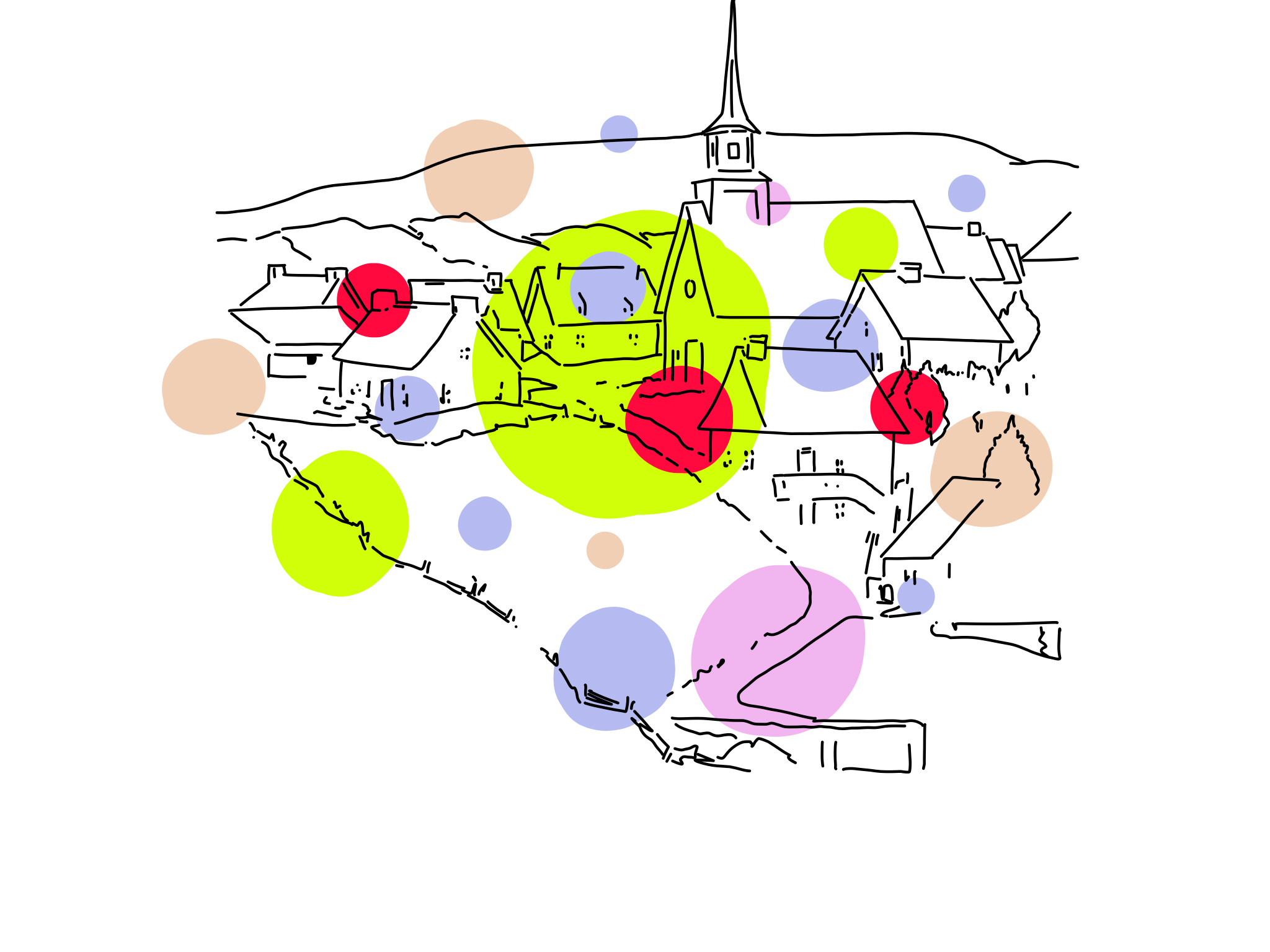 Loose line drawing of a hillside European village with a church spire, overlaid with scattered translucent circles in lime green, red, lilac and beige