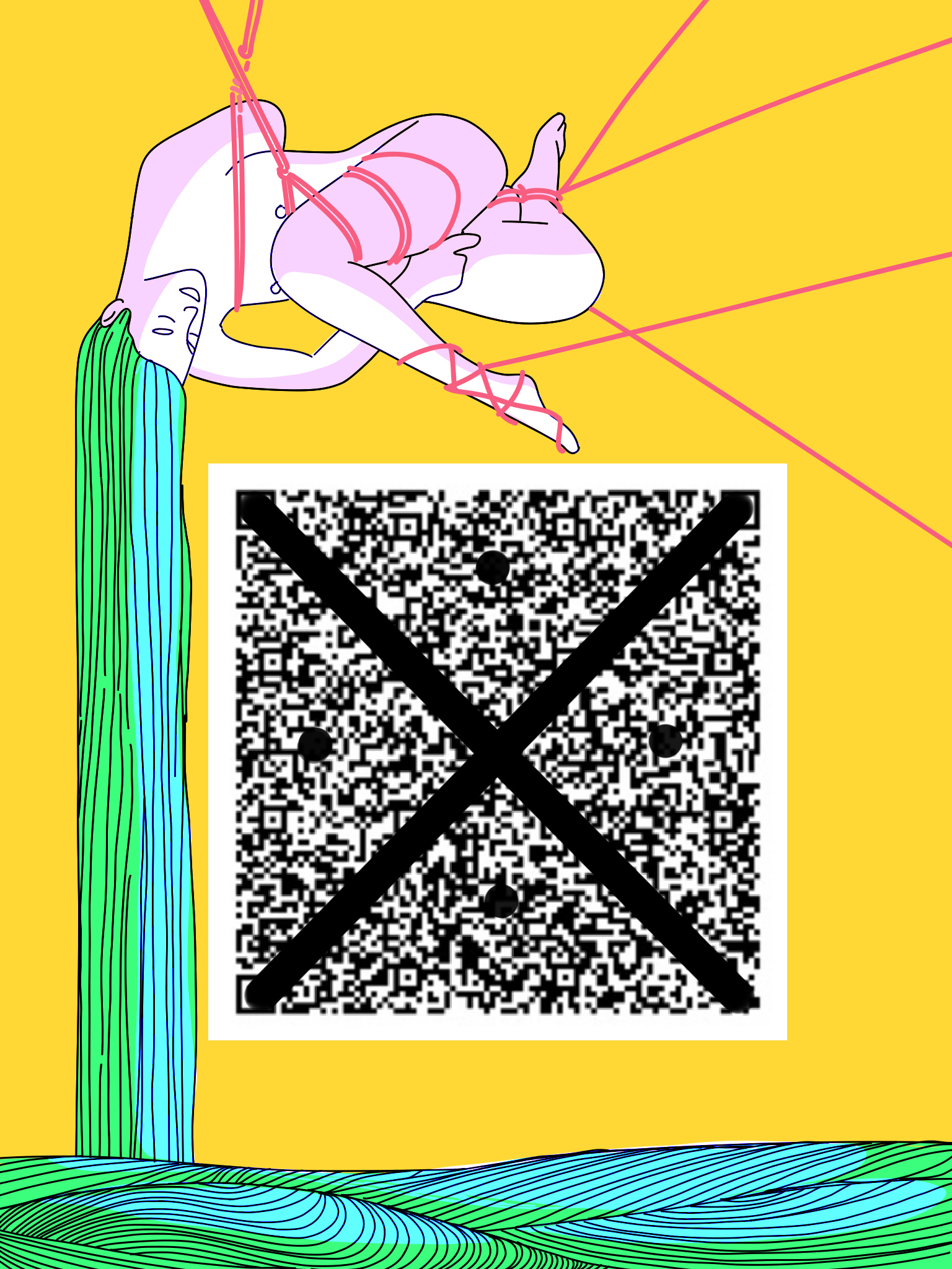 Illustration of a pale figure suspended upside-down by red threads above a black-and-white static square marked with a large X, green flowing strands below, on a yellow background