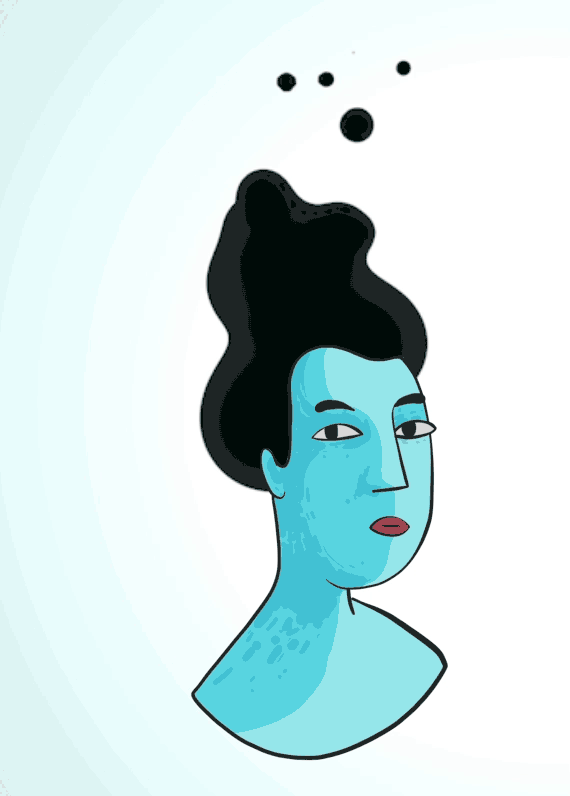 Stylized portrait of a blue-skinned woman with a tall black updo and red lips, a small cluster of dots floating above her head on a pale blue background