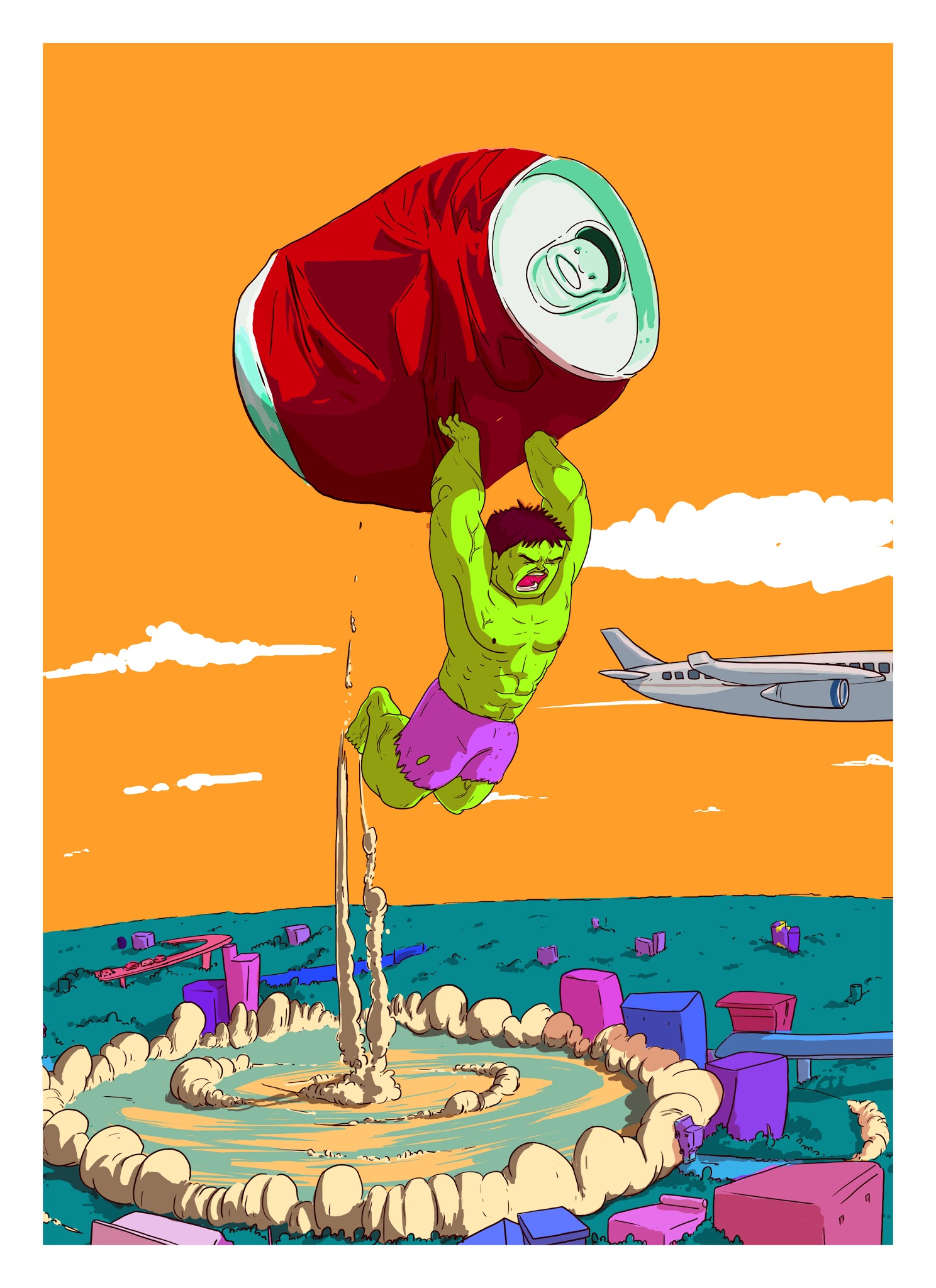 Comic-style illustration of an angry green Hulk in pink shorts hauling a giant red soda can up out of a crop-circle crater, against an orange sky with a passing airplane — part of the 'Dunk the Junk' superhero anti-litter series