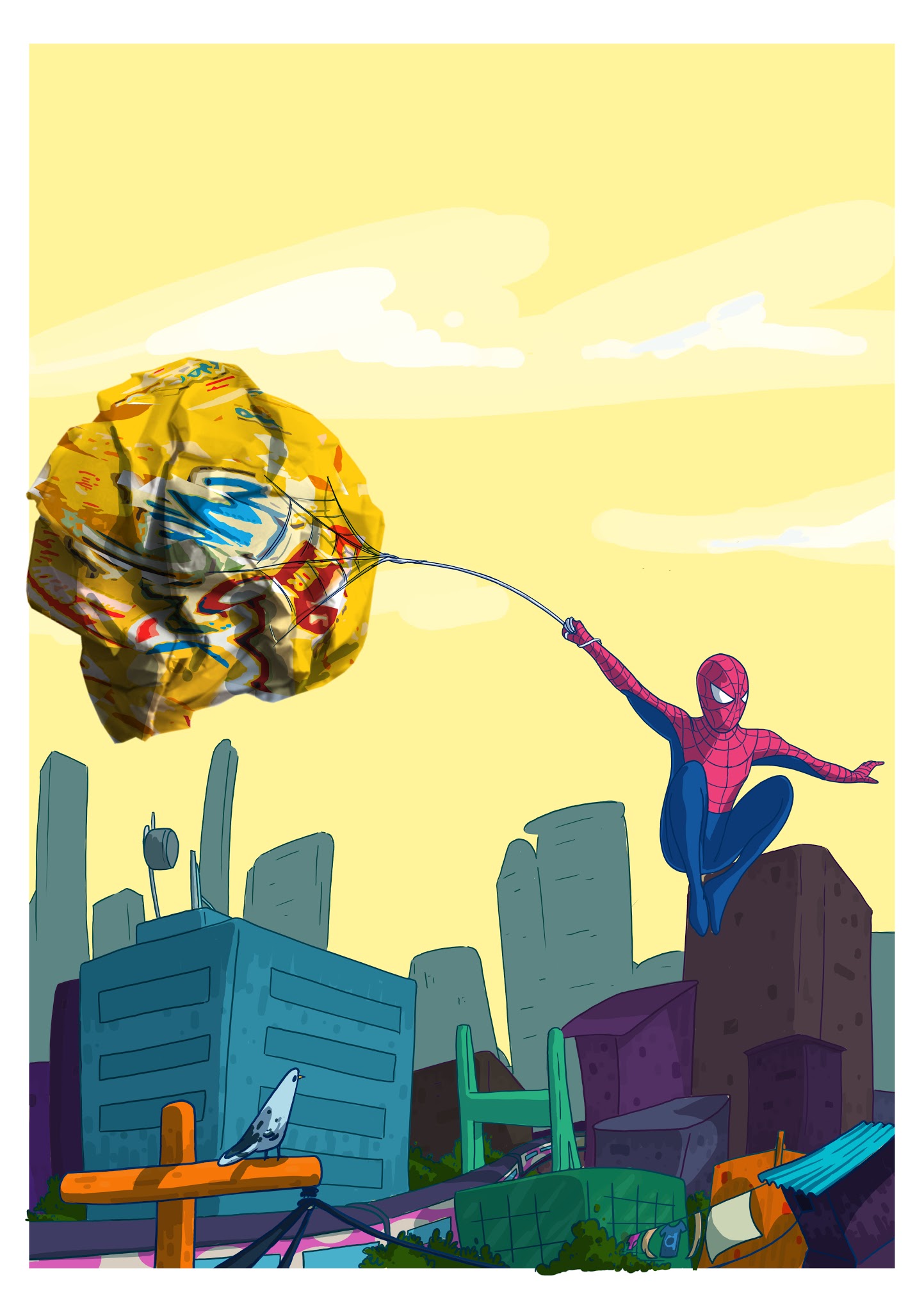 Spider-Man crouched on a rooftop firing a web to lift a crushed yellow snack wrapper out of a Mumbai skyline, pigeons and slum rooftops below, pale yellow sky