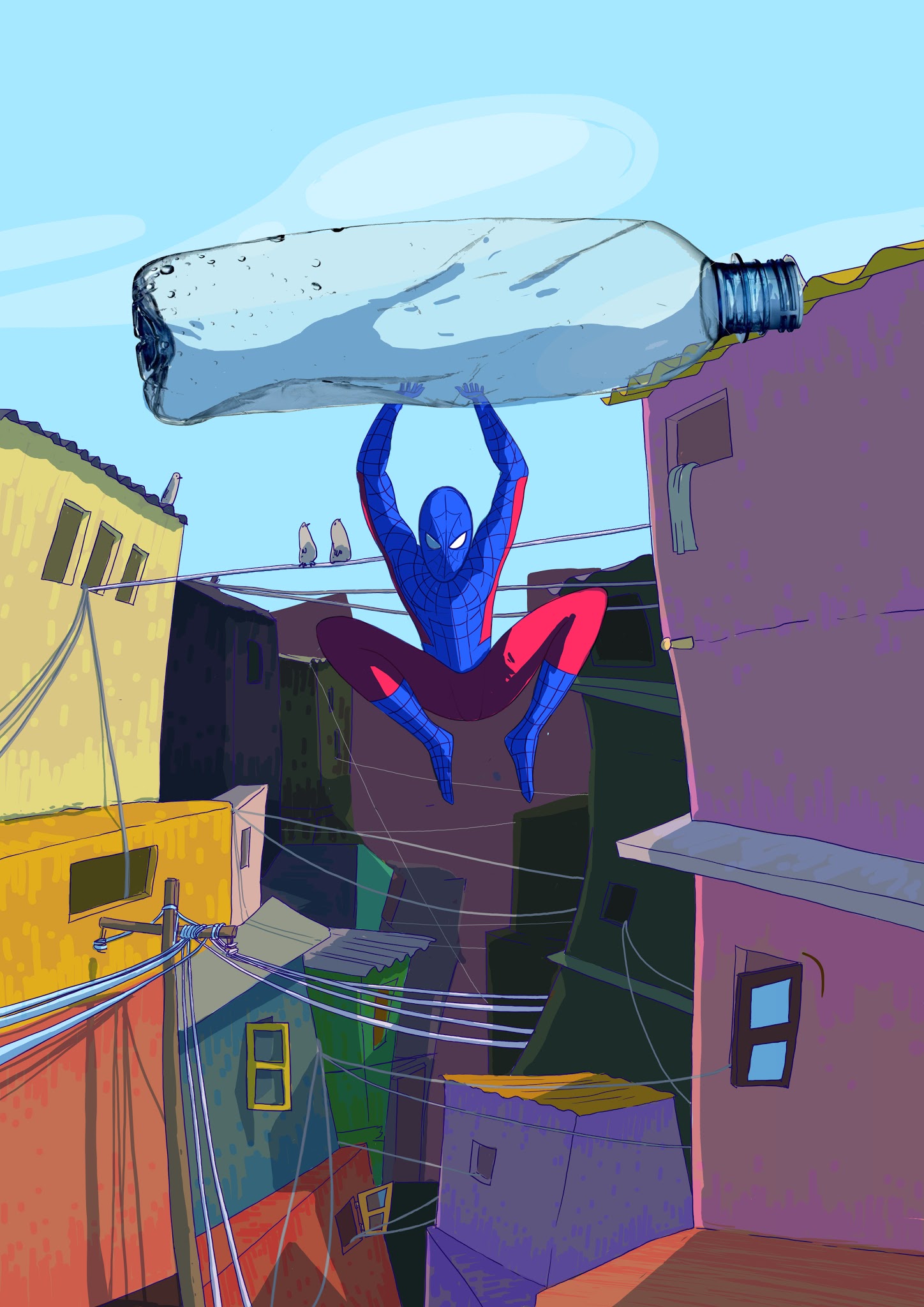 Spider-Man hanging from power lines in a Dharavi alley, hoisting a giant discarded plastic water bottle overhead amid tangled cables and colourful tin-roof houses