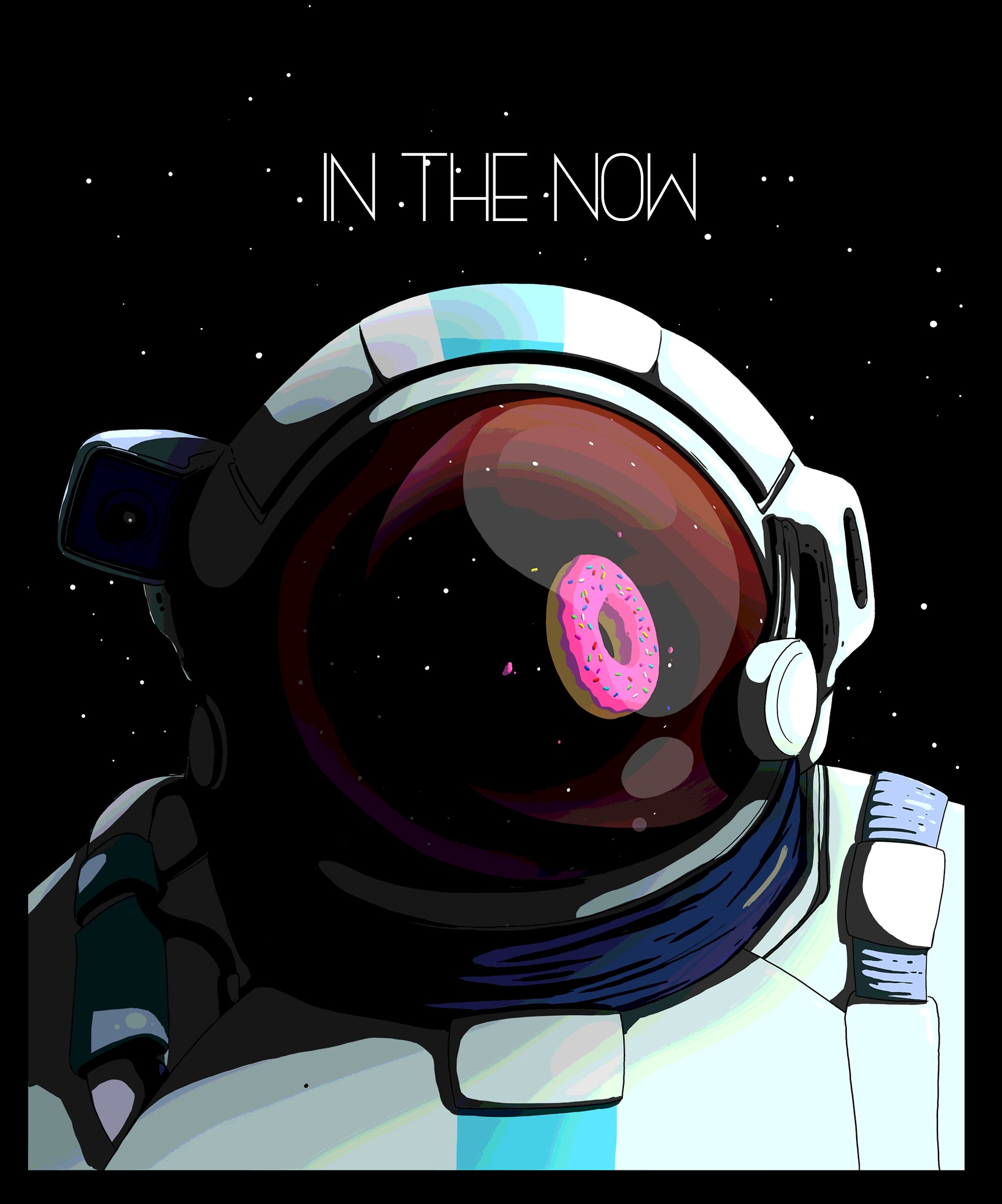Album art titled 'In the Now': a white-suited astronaut in space, a single pink sprinkled donut reflected in the dark curve of the helmet visor, against a starfield