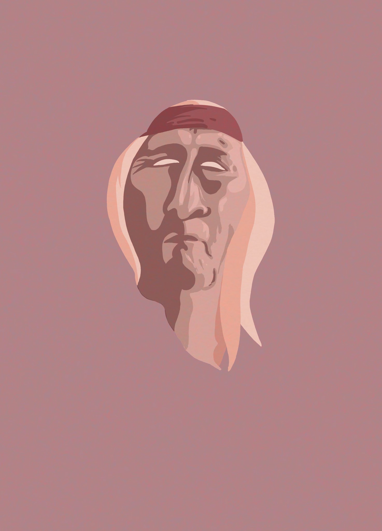 Minimal stylized portrait of a weathered man's upturned face with closed pale eyes and long fair hair under a dark red cap, floating on a dusty rose background
