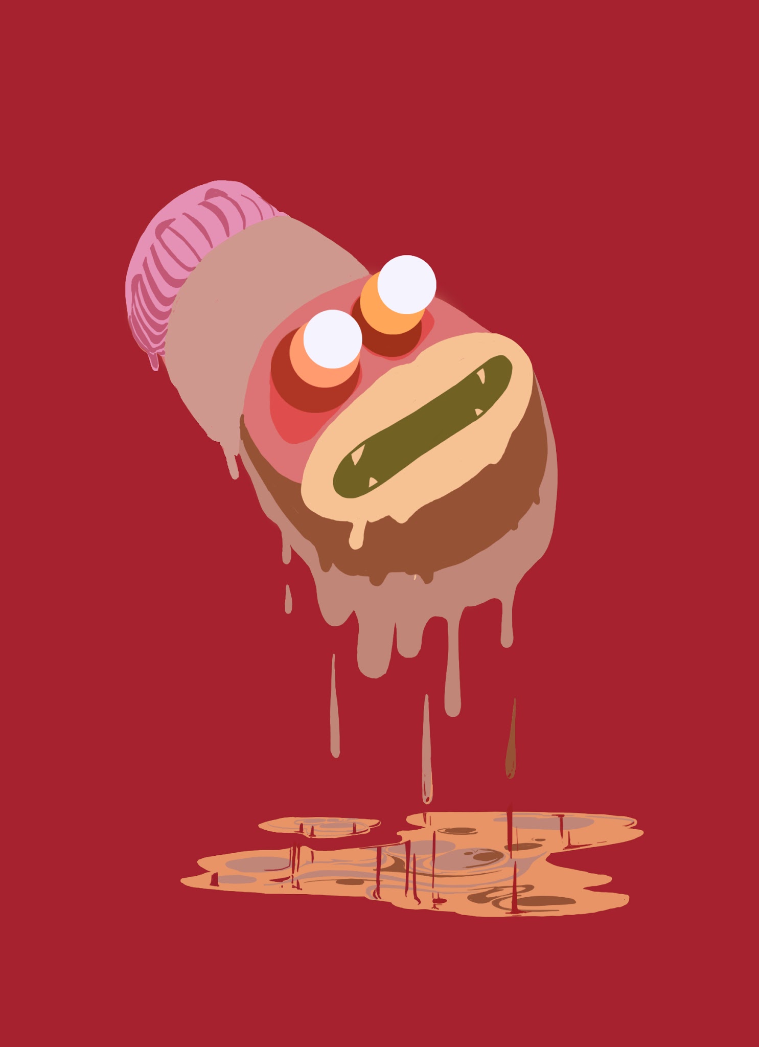 Surreal melting cartoon creature with a pink knit beanie, bulging white-and-orange eyes and a green mouth, dripping into a muddy puddle on a deep red background