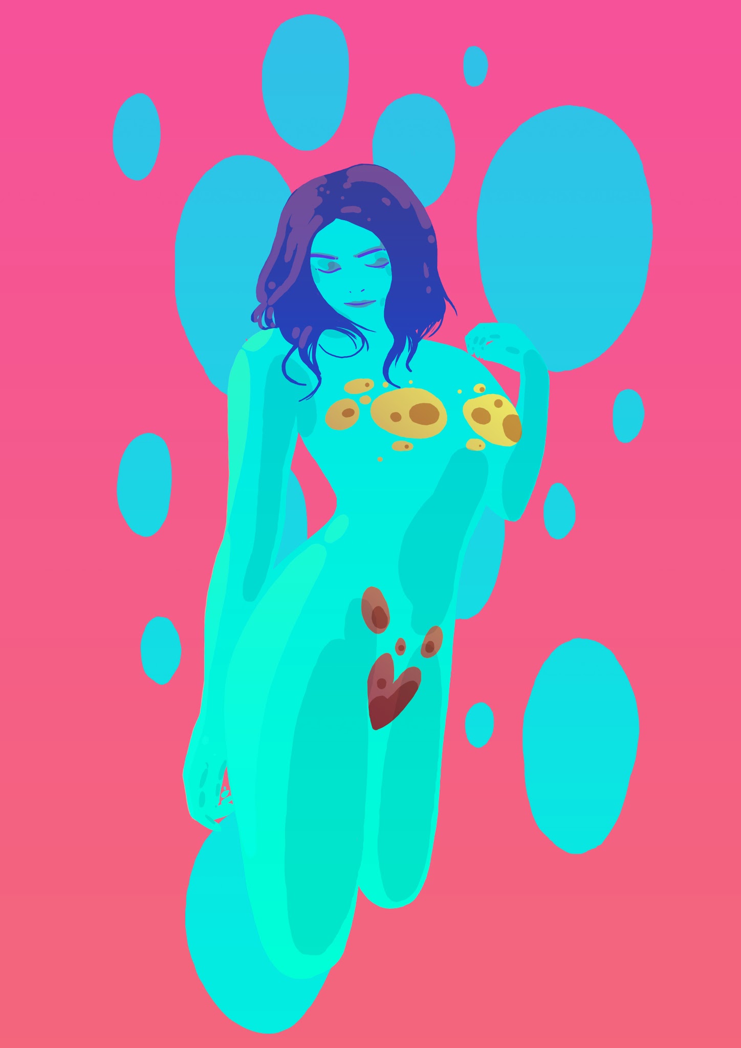 Psychedelic illustration of a nude turquoise-skinned woman with dark hair drifting among pale blue bubbles on a hot-pink gradient, golden and heart-shaped marks on her body